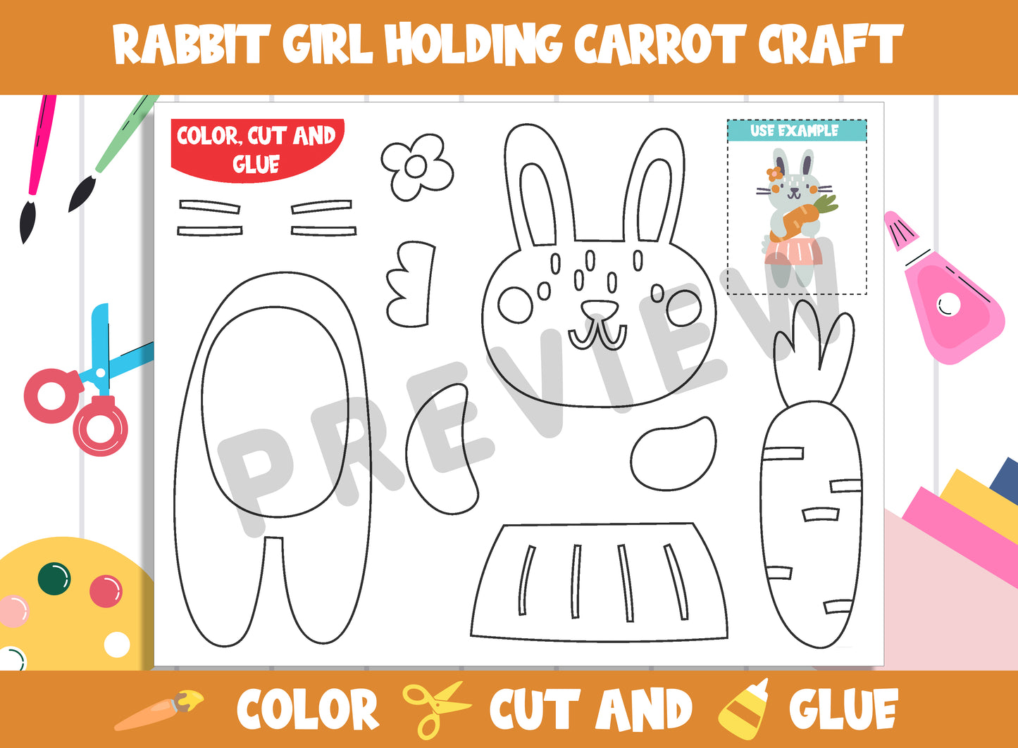 Rabbit Girl Holding Carrot Craft Activity : Color, Cut, and Glue for PreK to 2nd Grade, PDF File, Instant Download