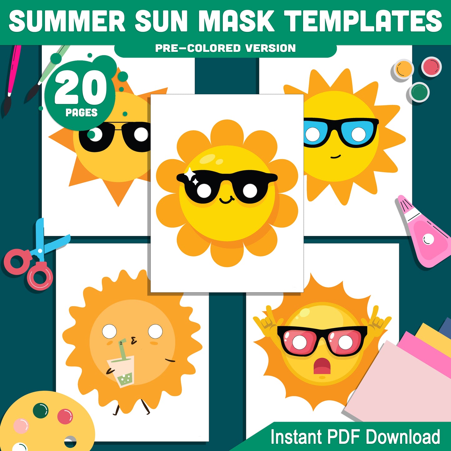 DIY Summer Sun Mask Templates: 20 Printable Pages, Pre-Colored + Black & White, Great for Kids' Crafts, Classroom, Dress-Up, and Party Fun