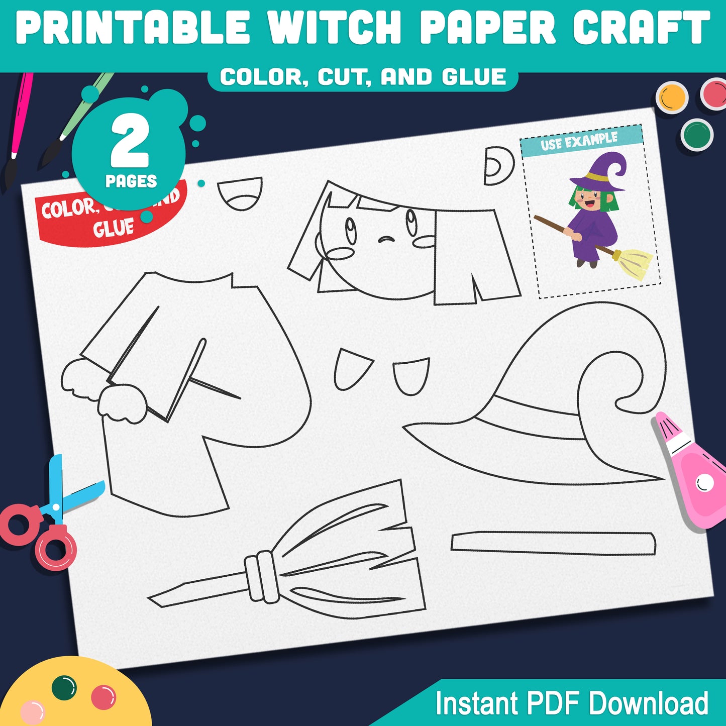 Printable Witch Paper Craft – Easy Color, Cut & Glue Halloween Activity for Preschool, Pre-K, Kindergarten, Perfect for Fine Motor Skills Practice