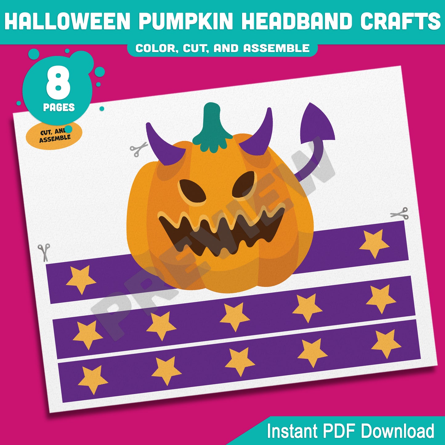Halloween Pumpkin Headband Crafts for Kids – 4 Fun Designs, Pre-Colored & Black and White, Perfect Preschool, Pre-K, Kindergarten Drama Activity