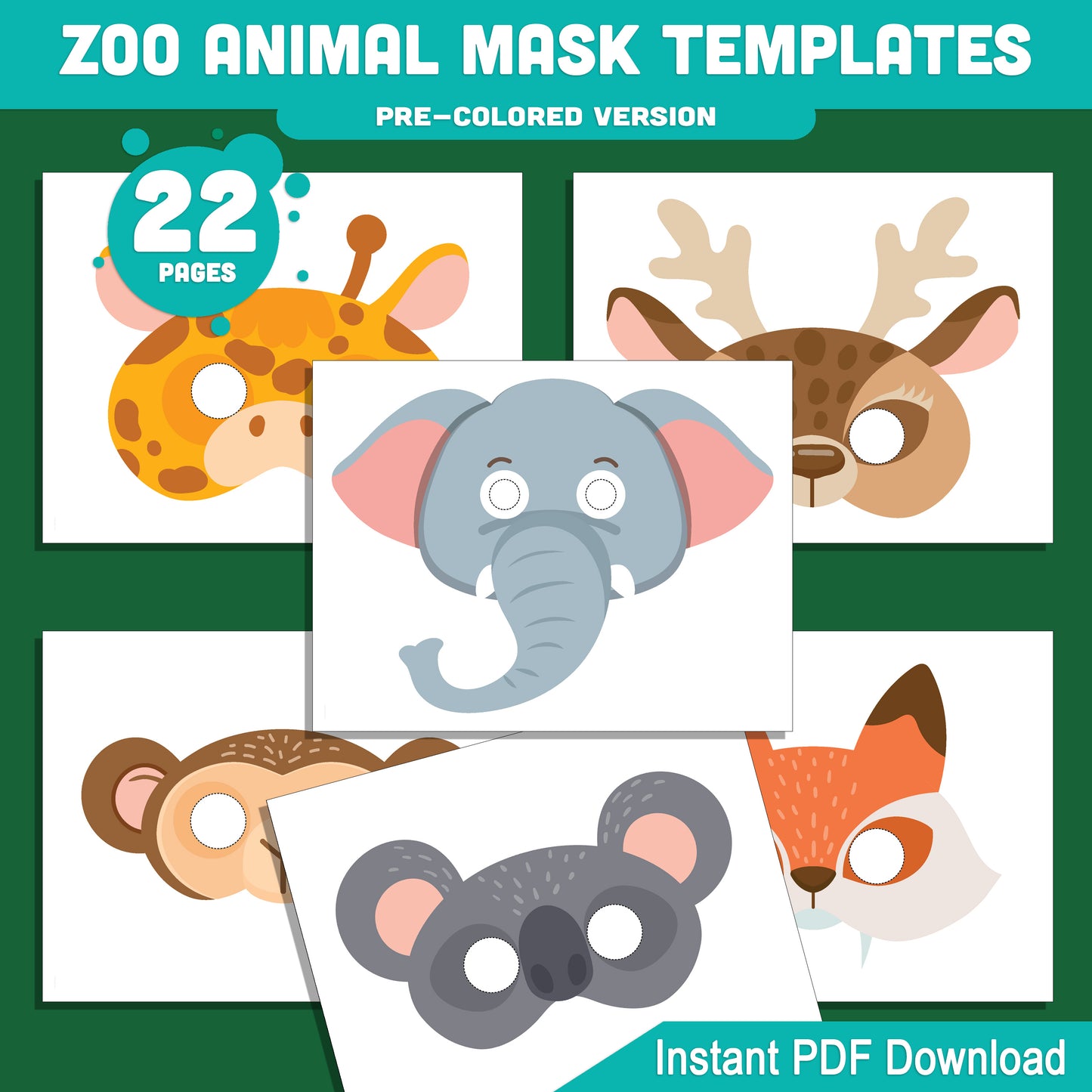 Zoo & Jungle Animal Mask Templates: 22 Fun Printable Masks for Kids, Pre-Colored + Black & White, Great for Parties & Pretend Play, Instant PDF Download