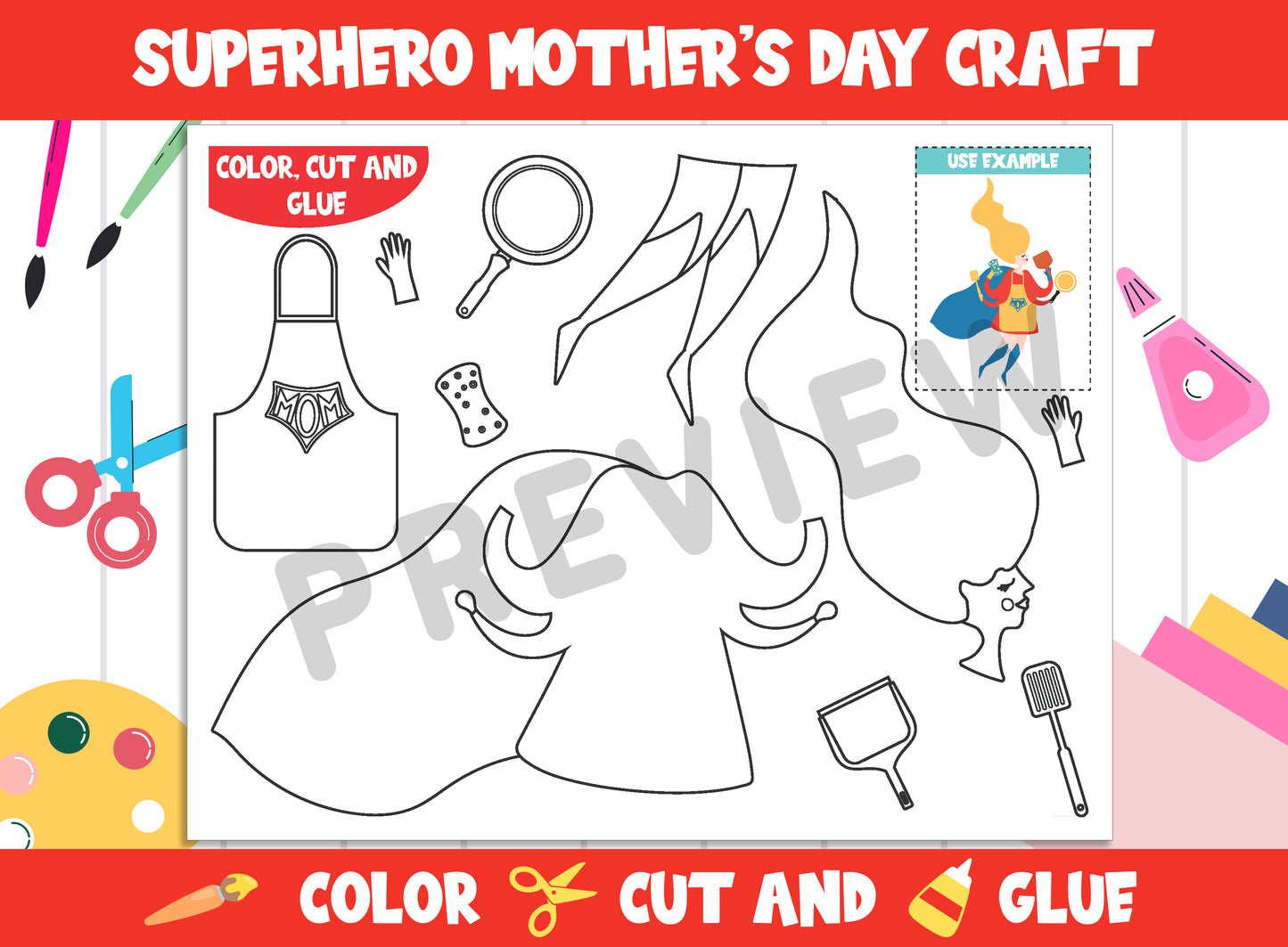 Gifts for Mom : Superhero Mother's Day Craft Activity - Color, Cut, and Glue for PreK to 2nd Grade, PDF File, Instant Download