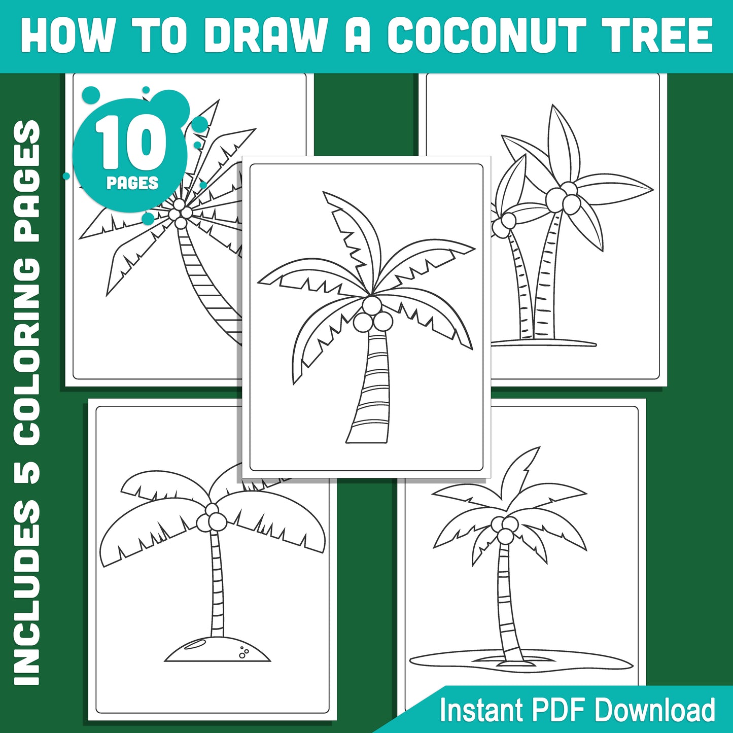 Learn to Draw a Coconut Tree: 6-Step Kids Guide + 5 Coloring Pages, Fun and Creative Activity for Nature Fans, Perfect for Boys and Girls, PDF Download