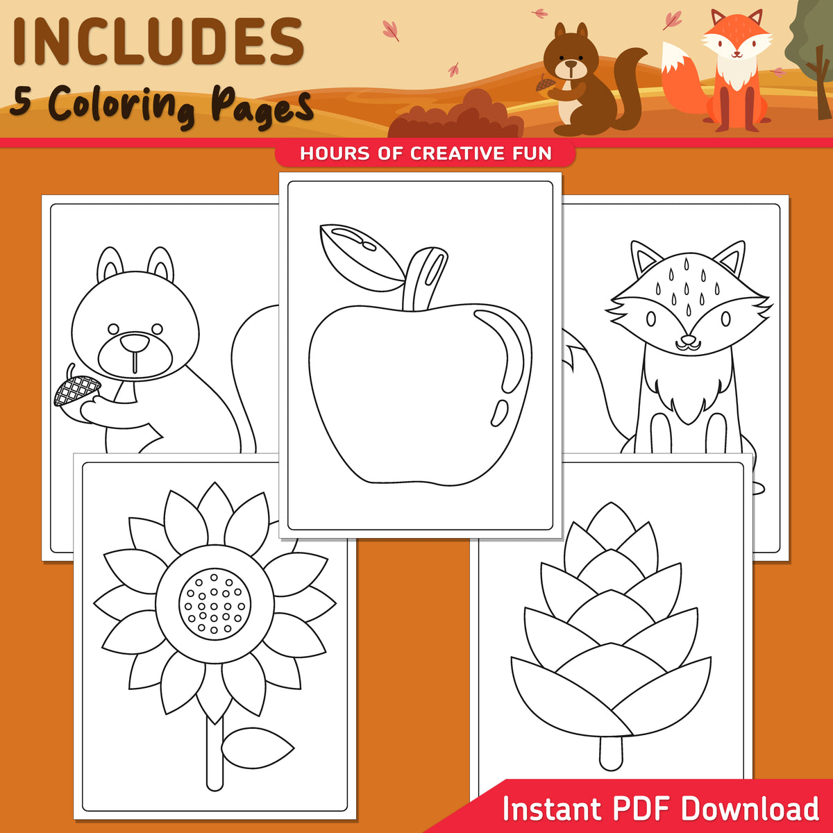 Fall Directed Drawing for Kids, Learn to Draw an Apple, Sunflower, Squirrel, Fox & Pinecone, 6-Step Art Activity, 5 Coloring Pages, A4, US Letter