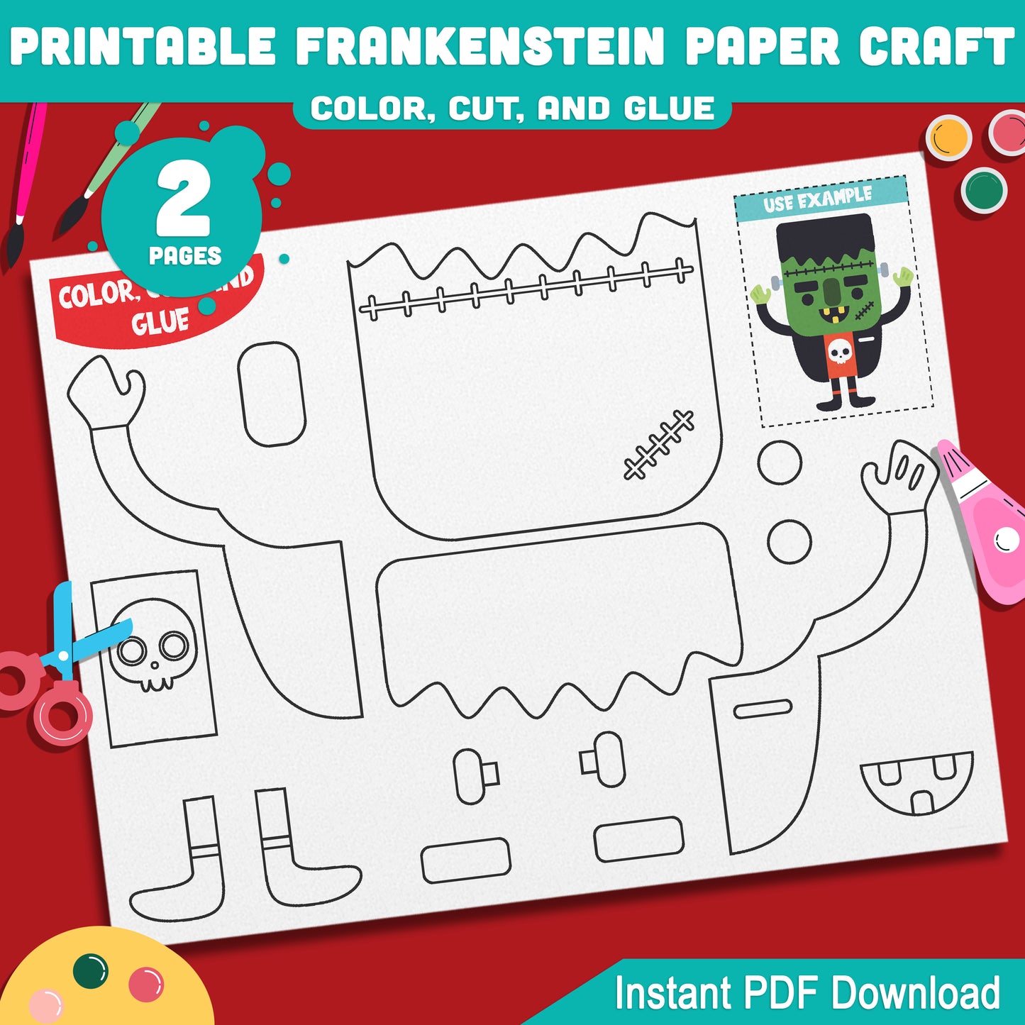 Printable Frankenstein Paper Craft for Preschool, Pre-K, Kindergarten, Fun October Halloween Color Cut and Glue Activity, 2 Pages PDF Download