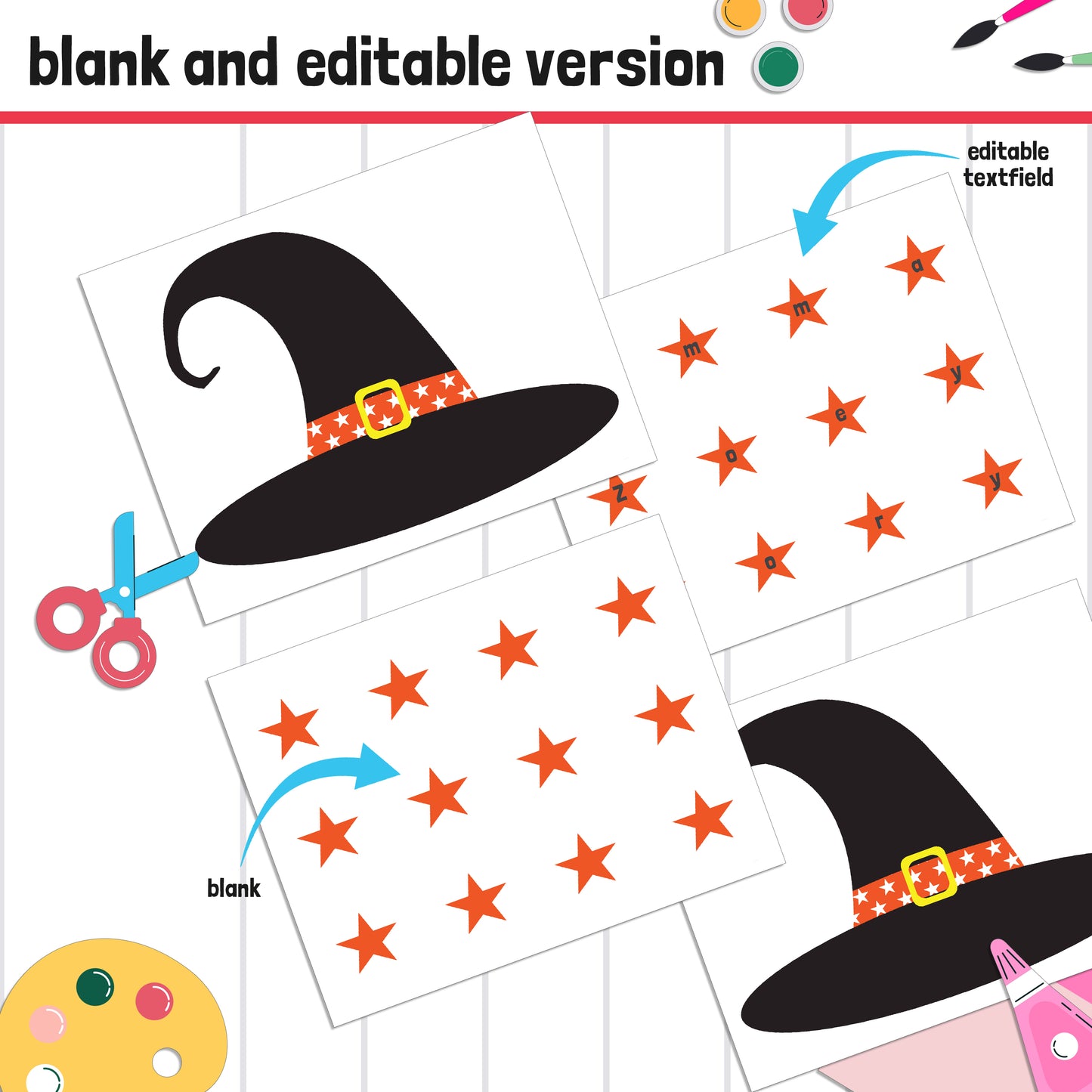 Witch Hat Name Craft Activity: Halloween, Back-to-School Bulletin Board, 40 Pages, 5 Designs, Blank & Editable, Color and Black-and-White