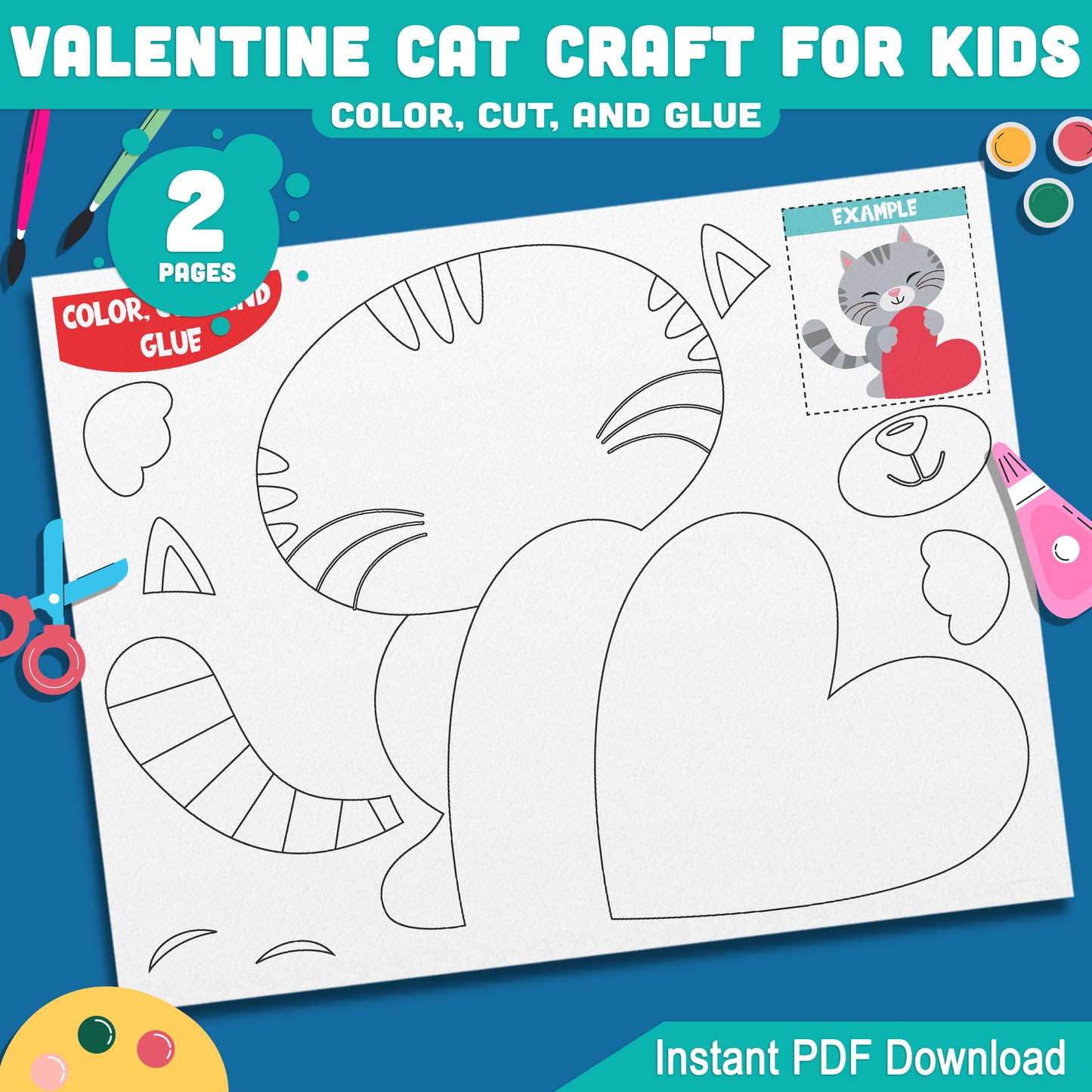 Valentine Cat Craft for Kids, Valentine Color Cut and Glue Activity, Adorable School Craft for Preschool, Pre-K, Kindergarten, 2 Pages