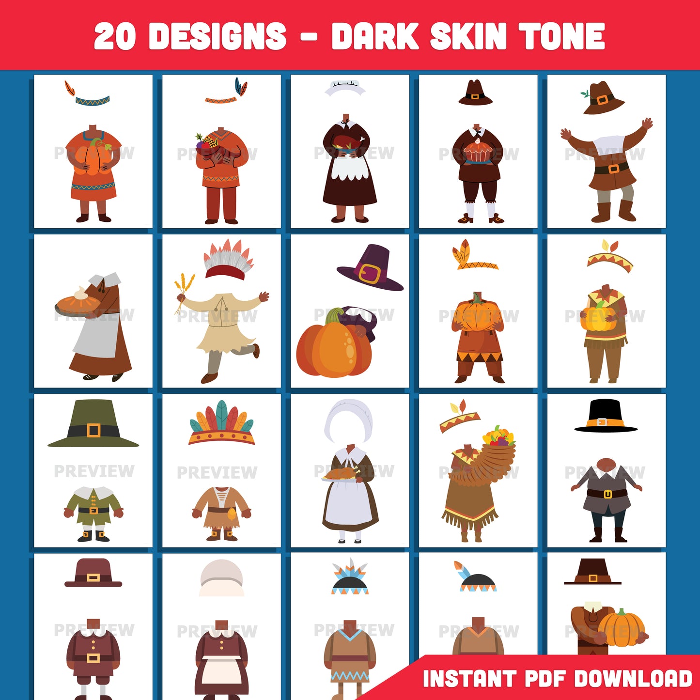 Printable Thanksgiving Character Body Templates for Kids, 20 Fun Designs (Light + Dark Skin Tone), Add Your Own Face Craft, 8.5x11β, Instant PDF Download