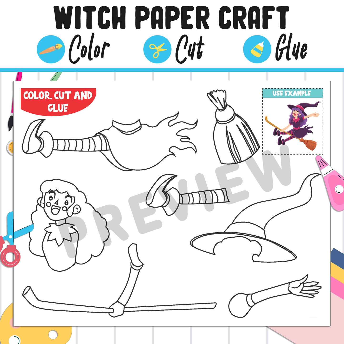 Witch Paper Craft for Kids: Color, Cut, and Glue, a Fun Activity for K to 2nd Grade, PDF Instant Download