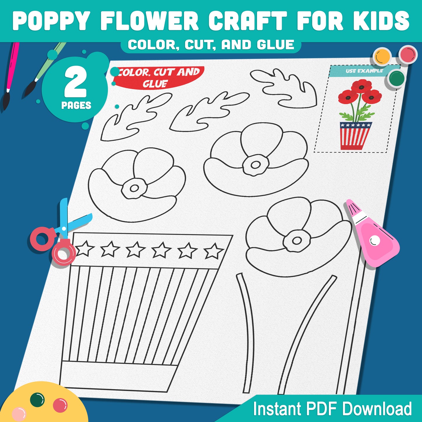 Veterans & Memorial Day Craft for Kids – Printable Poppy Flower to Color, Cut & Glue with Pre-Colored and Black & White Options, Instant PDF