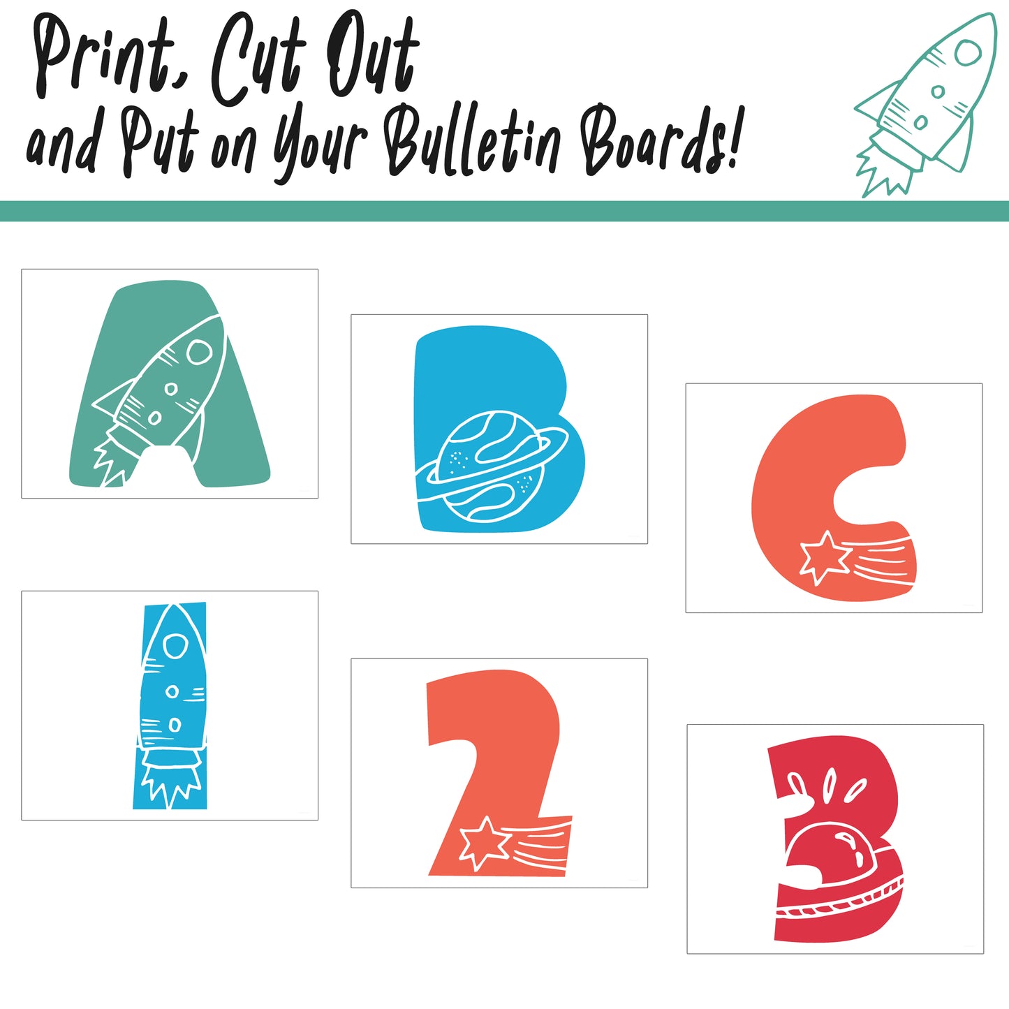 Space Bulletin Board Letters | A - Z, Letters and Numbers,1 and 2 Per Page, Colorful Classroom Decor