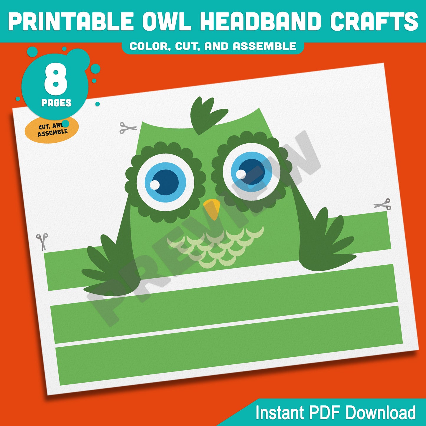 Printable Owl Headband Crafts, Autumn Paper Crown Hat Activity, Fun Cut, Color & Assemble Craft for Kids, 5 Owl Designs, Pre-colored + Black & White, PDF Download