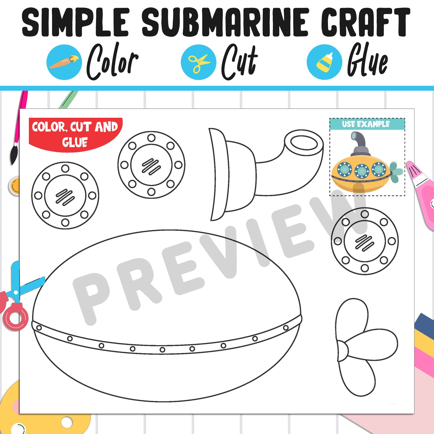 Simple Submarine Craft for Kids: Color, Cut, and Glue, a Fun Activity for Pre K to 2nd Grade, PDF Instant Download