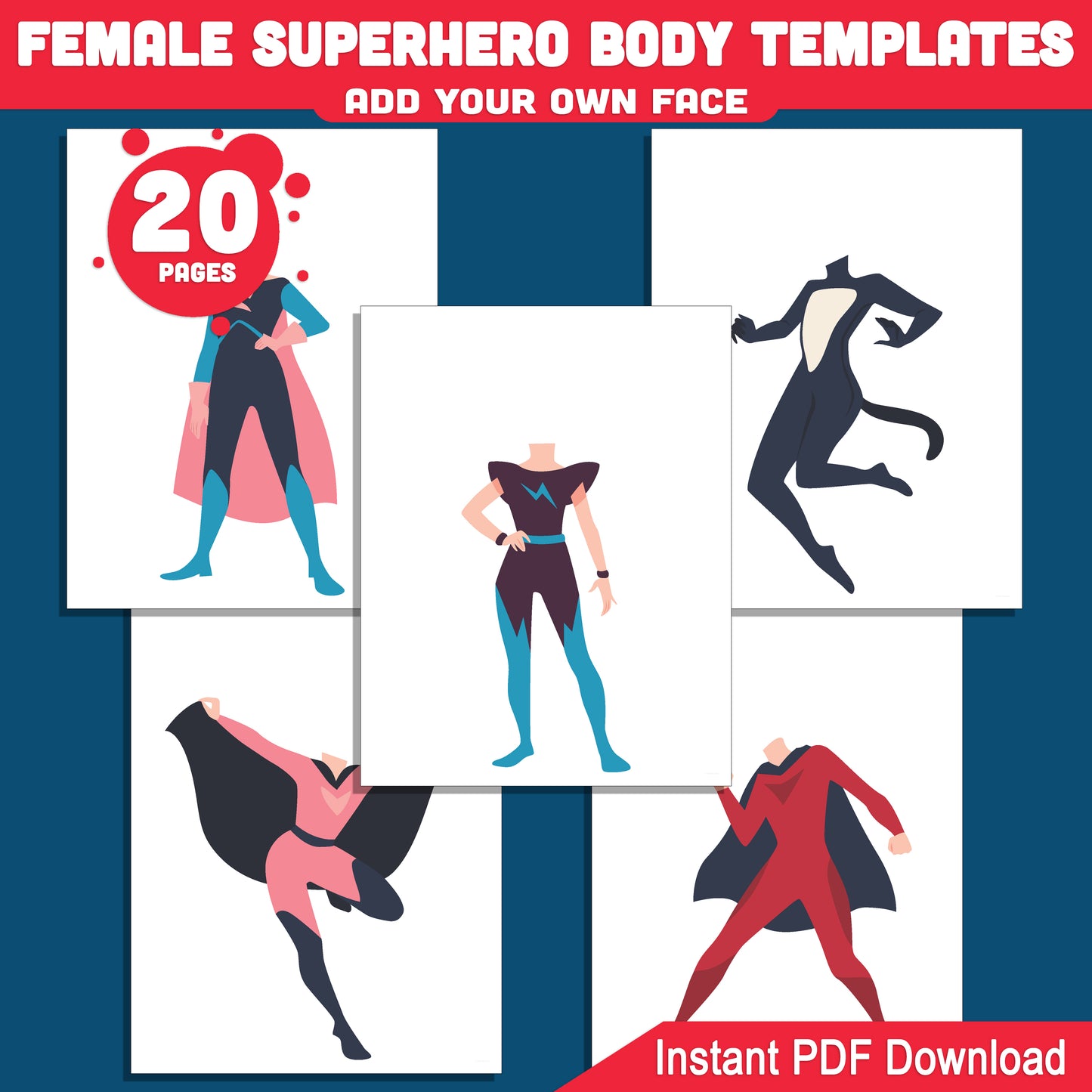 Printable Female Superhero Body Cutouts with Add Your Own Face Feature, Great for Classroom or Home Craft Projects – PDF Download