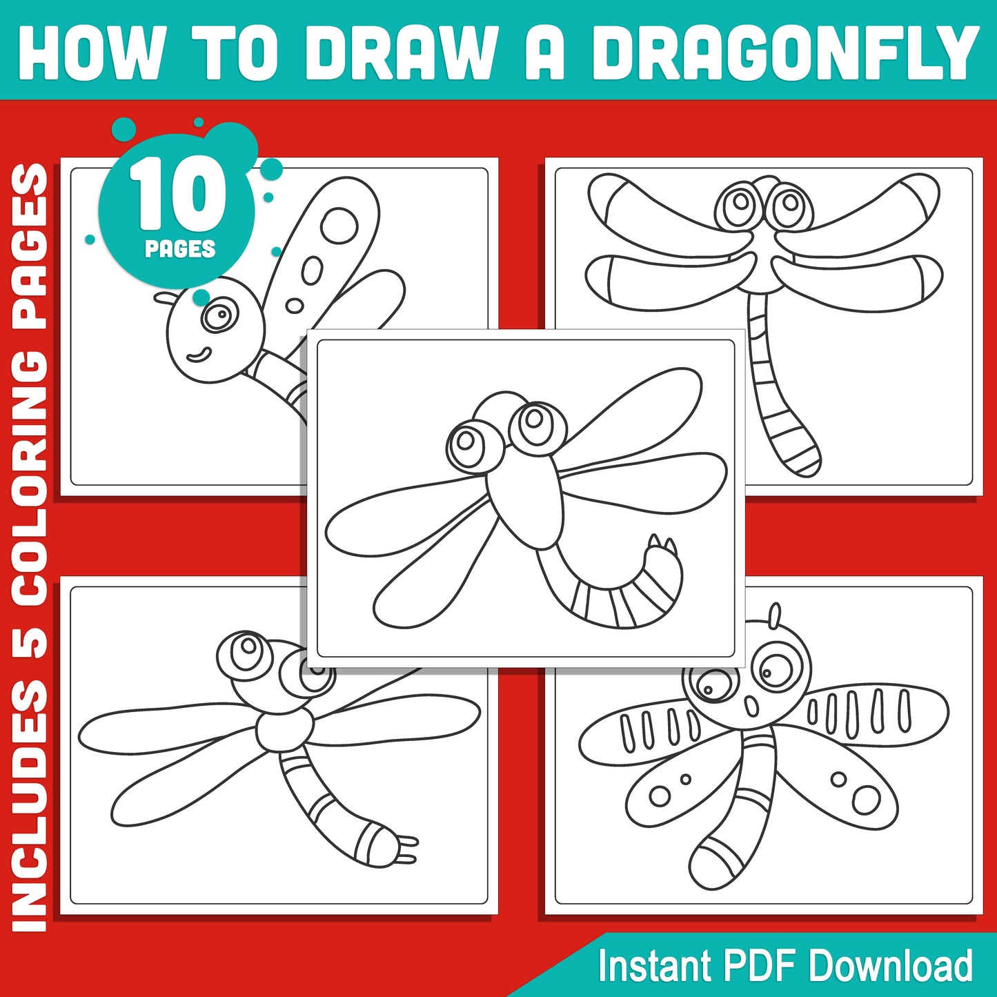 Dragonfly Drawing Made Simple: 5 Easy Tutorials + 5 Coloring Pages for Kids and Beginners, Step-by-Step Instructions, Instant PDF