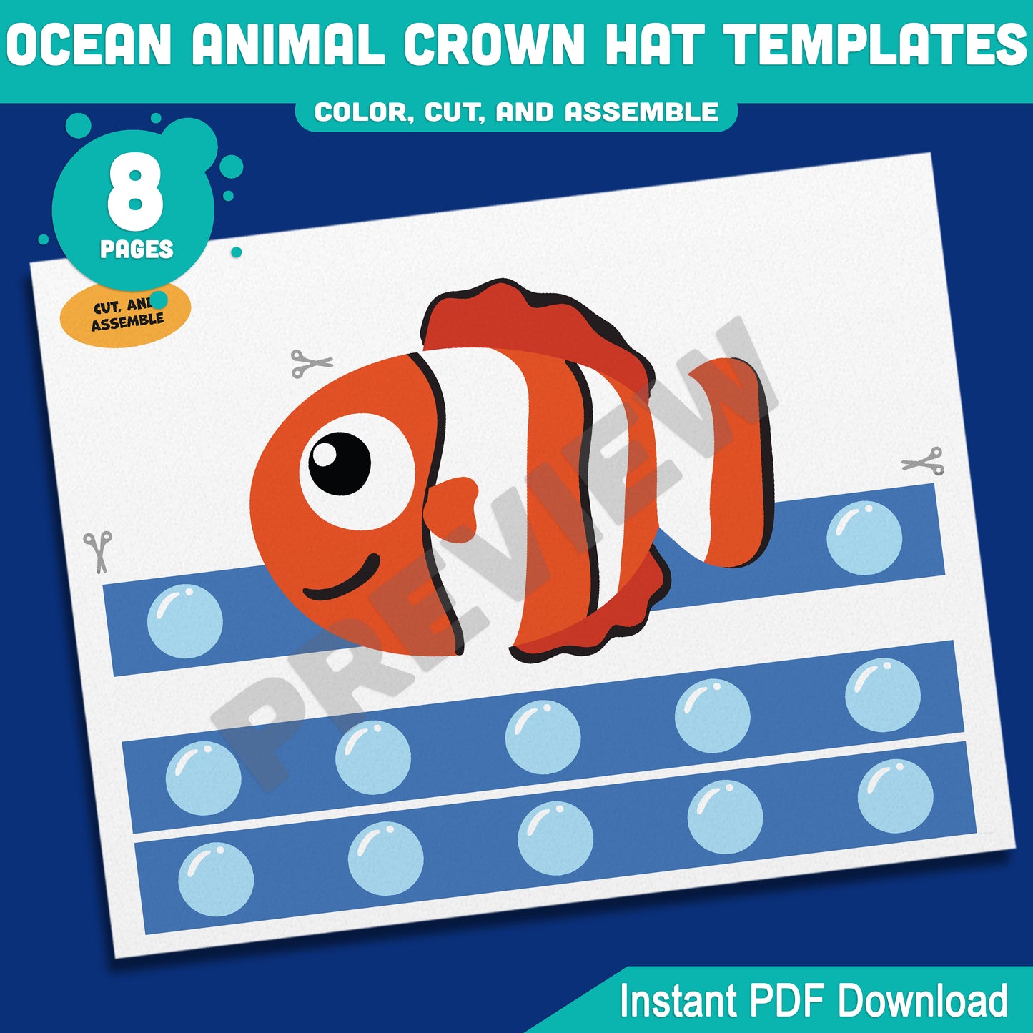 Ocean Animal Crown Hat Templates, Fun Printable Headband Craft for Kids – 8 Pages with Pre-Colored + Black & White, PDF for Teachers & Parents