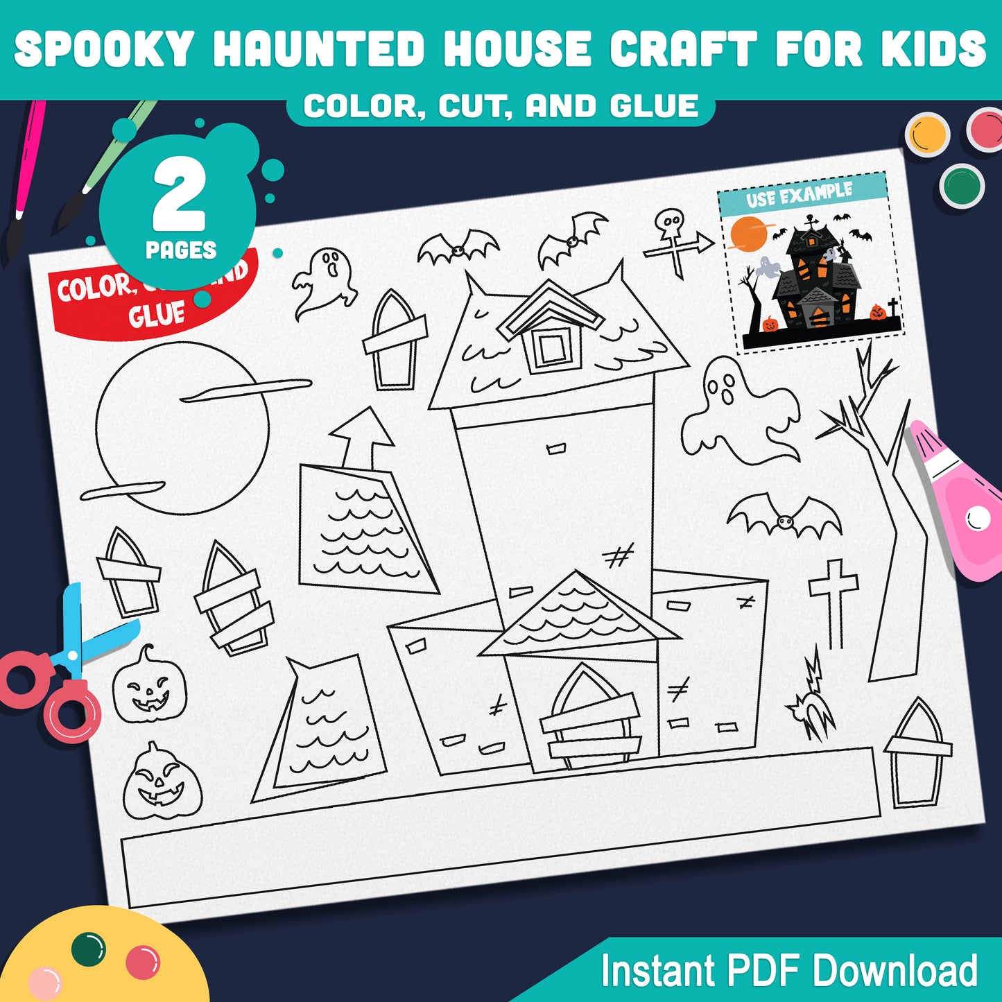 Spooky Haunted House Craft, Easy Halloween Color, Cut & Glue for Preschool, Pre-K, Kindergarten