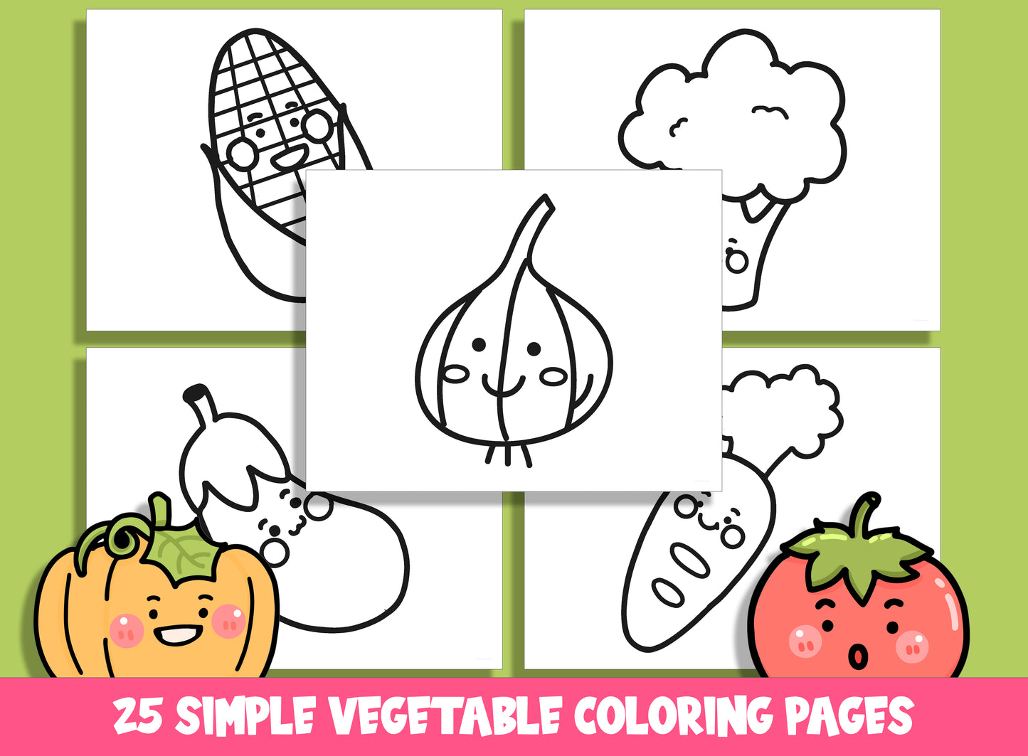 25 Cute Simple Vegetable Coloring Pages, Large Size, Thick Border, Perfect for Preschool & Kindergarten, PDF File, Instant Download