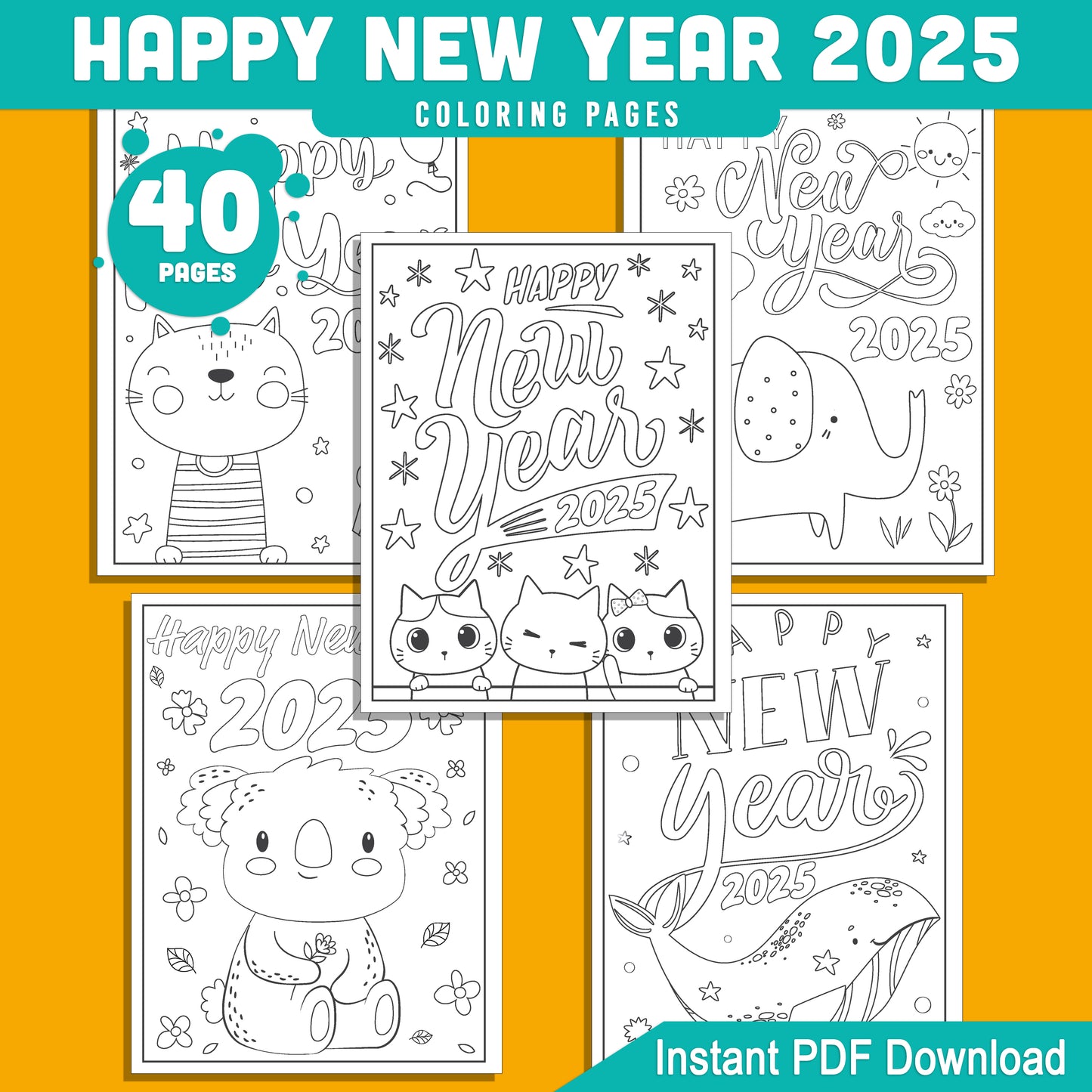 Kids' 2025 New Year Coloring Pages: 40 Funny Animal Prints for Holiday Fun, Creative Printable Activities, PDF Instant Download