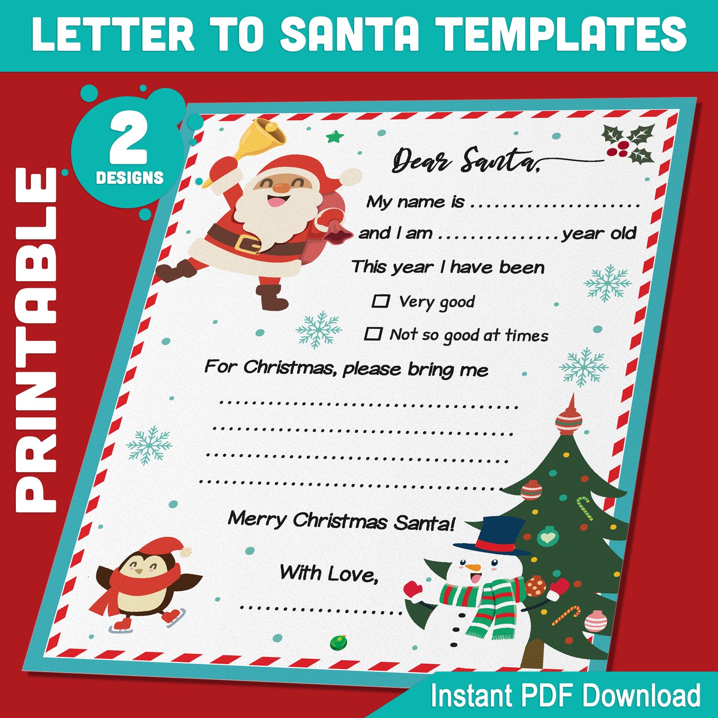 Christmas Letters to Santa for Kids: 2 Festive Printable Templates, 8.5x11" Holiday Writing Fun, PDF Instant Download, Ideal for Christmas Traditions