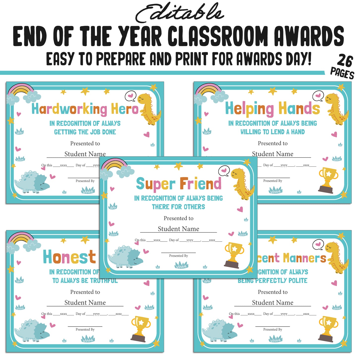 Editable End of Year Class Superlatives Awards Certificates β 26-Page PDF with Adorable Dinosaur Theme β Instant Download