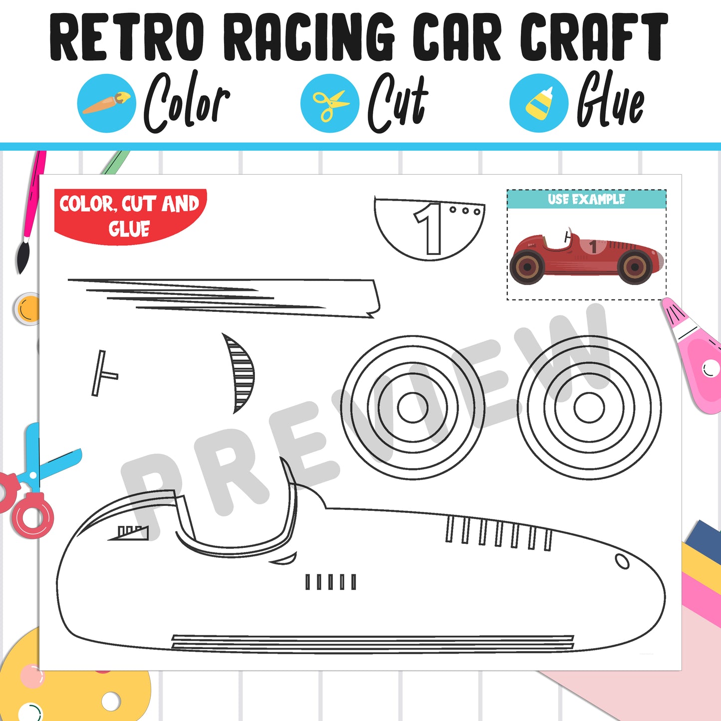 Retro Racing Car Craft Activity - Color, Cut, and Glue for PreK to 2nd Grade, PDF File, Instant Download