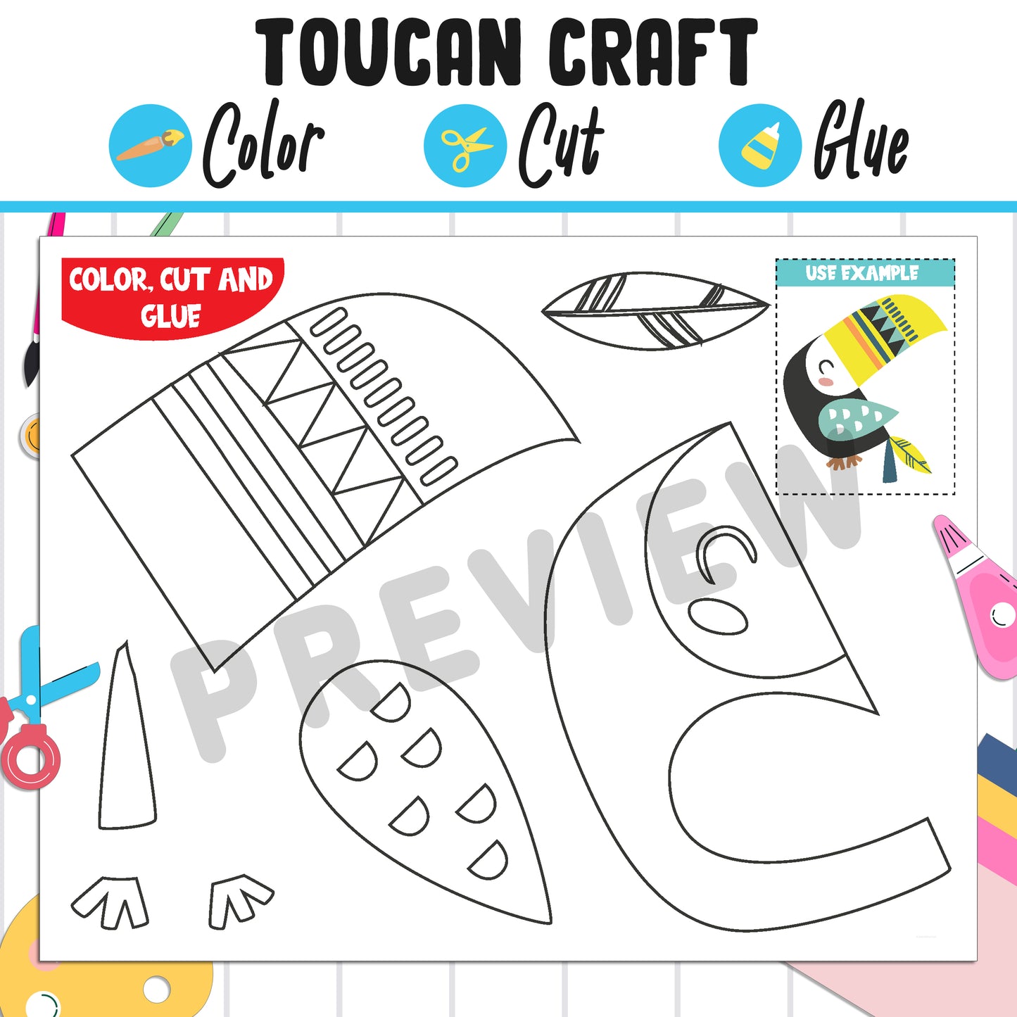 Cute Toucan Craft for Kids: Color, Cut, and Glue, a Fun Activity for Pre K to 2nd Grade, PDF Instant Download