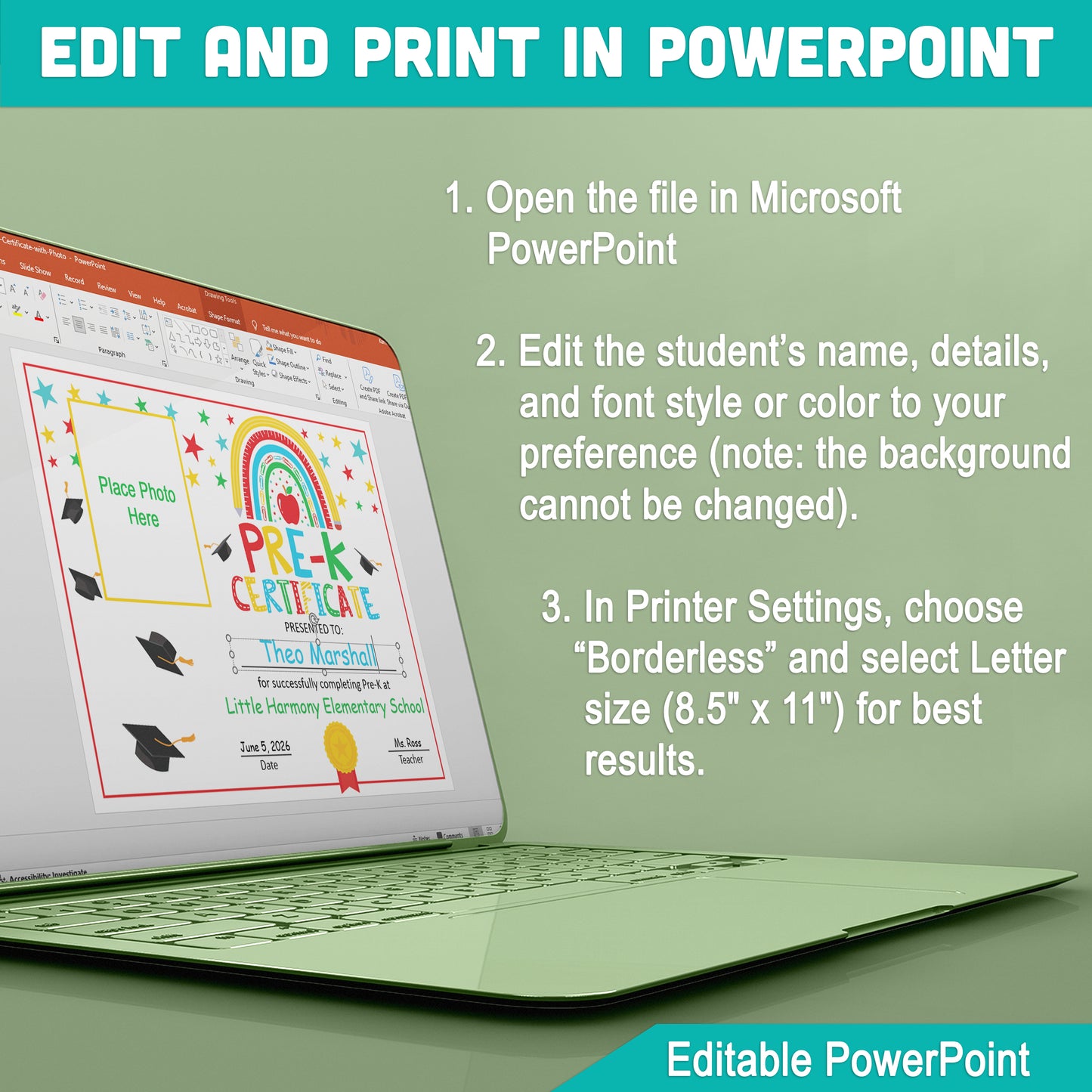 Pre-K Graduation Diploma with Photo Option: Editable Certificate Template, Customizable Letter Size PDF + PowerPoint, Perfect for End of Year, Instant Download!