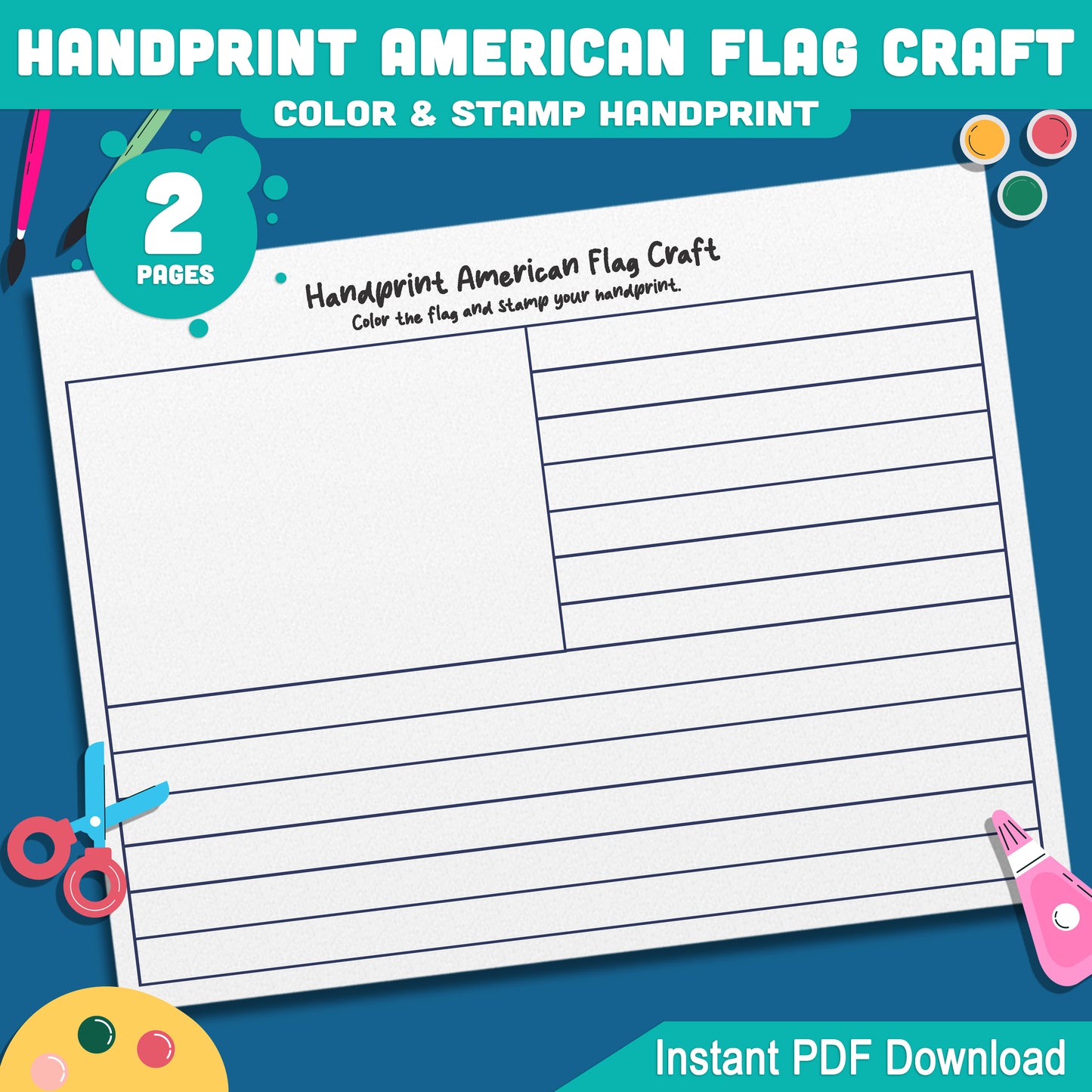 USA Handprint Flag Craft for Kids: Fun 4th of July Art Activity, 2 Printable Sheets in Color & Black and White, PDF Instant Download