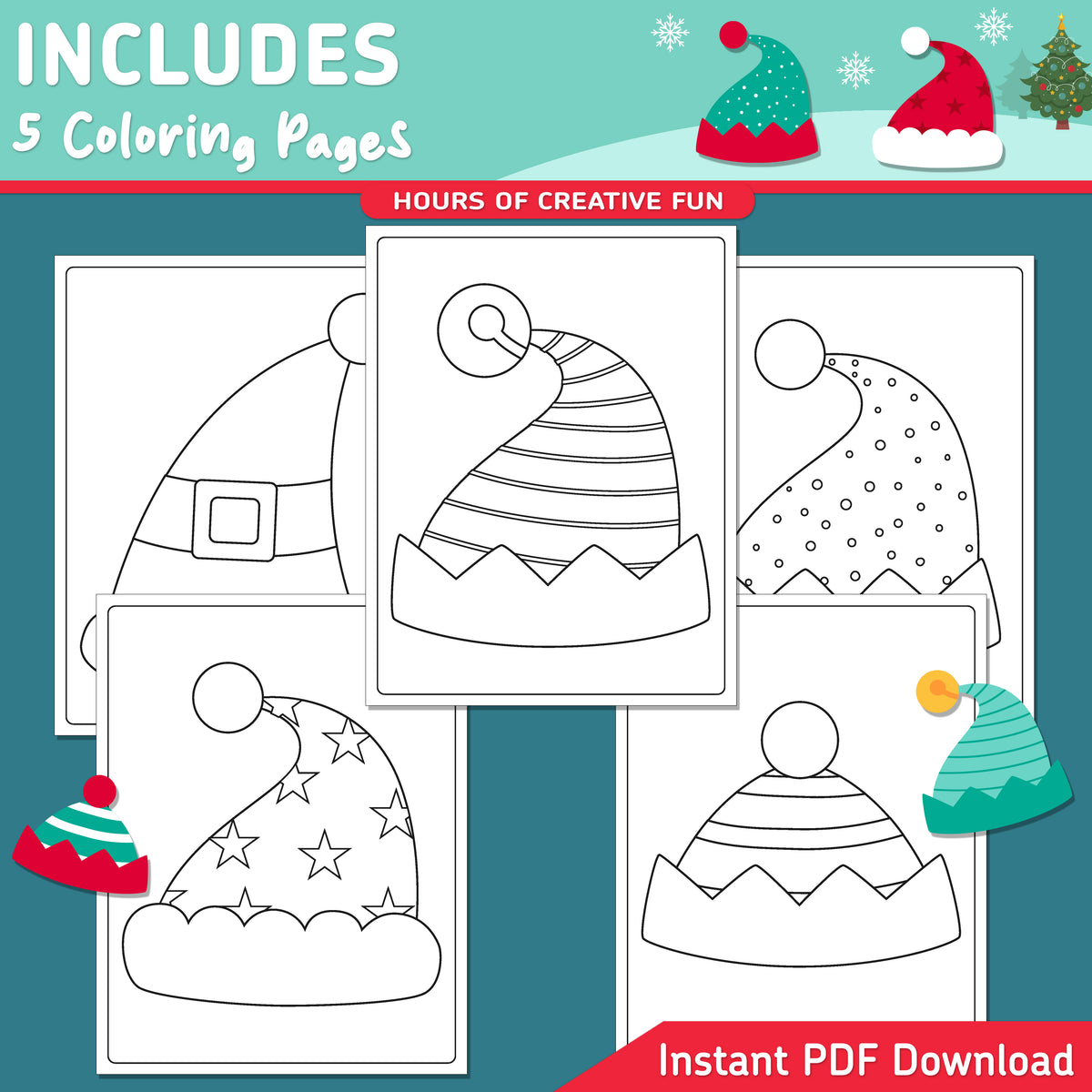 How to Draw an Elf Hat, Christmas Directed Drawing, 6 Steps + 5 Coloring Pages