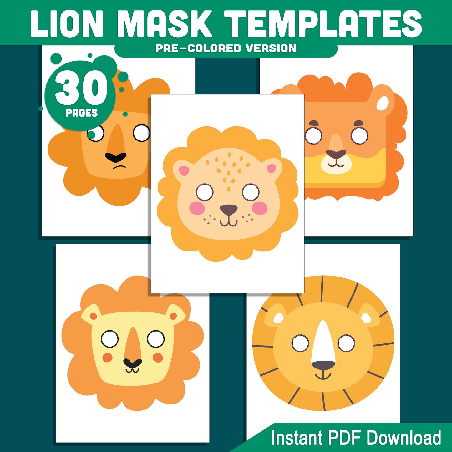 DIY Lion Mask Templates – Fun Printable Face Masks for Kids, Ideal for Birthday Parties, Costumes & Playtime, Black-and-White & Colored PDF, Instant Download