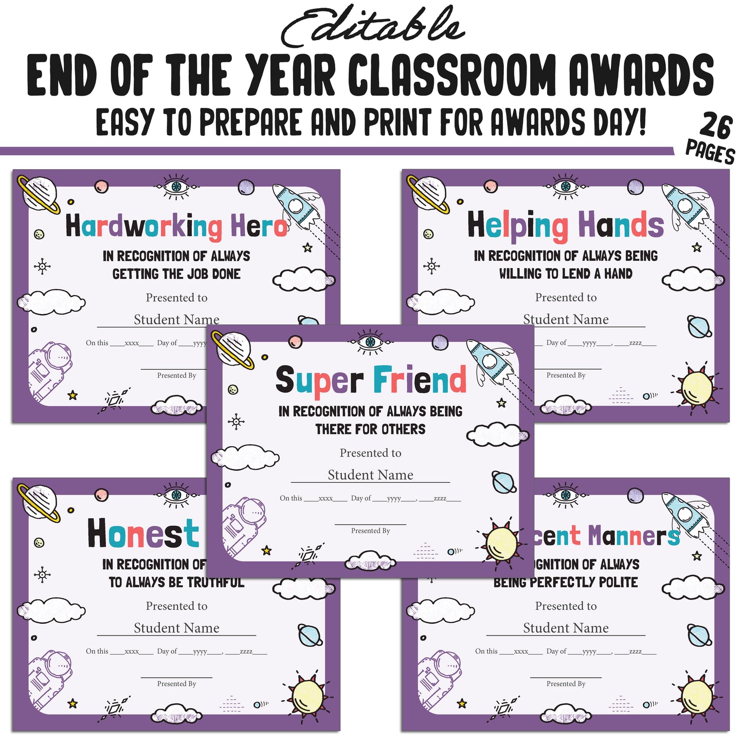 Editable Unique Class Superlatives, Fun Classroom Awards for the End of the School Year, 26 Pages, PDF, Instant Download