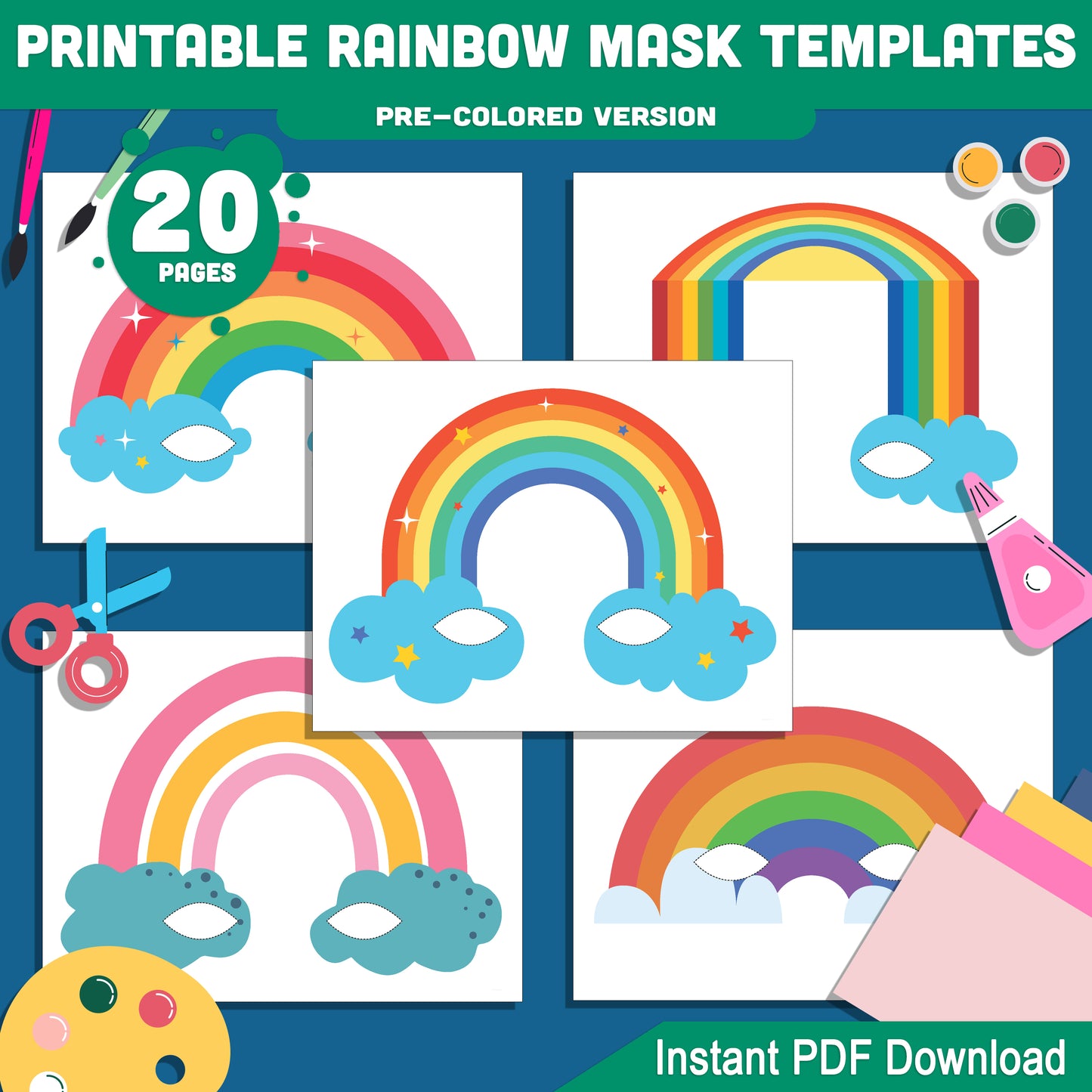 Spring-Themed Rainbow Mask Templates: 20 Creative Pages for Kids’ Dress-Up, Featuring Vibrant Colors & DIY Coloring, Perfect for Play & Events, PDF Download