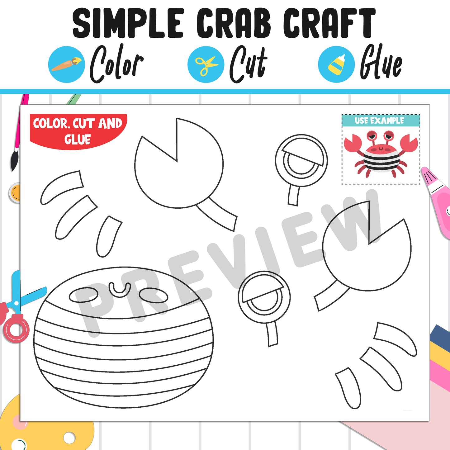 Simple Crab Craft for Kids: Color, Cut, and Glue, a Fun Activity for Pre K to 2nd Grade, PDF Instant Download
