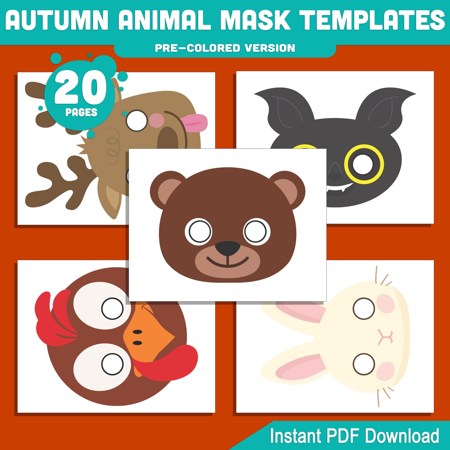 Autumn Animal Mask Templates for Kids: Fox, Owl, Raccoon, Bear & More, Fall-Themed Craft PDF, Pre-Colored + Black & White