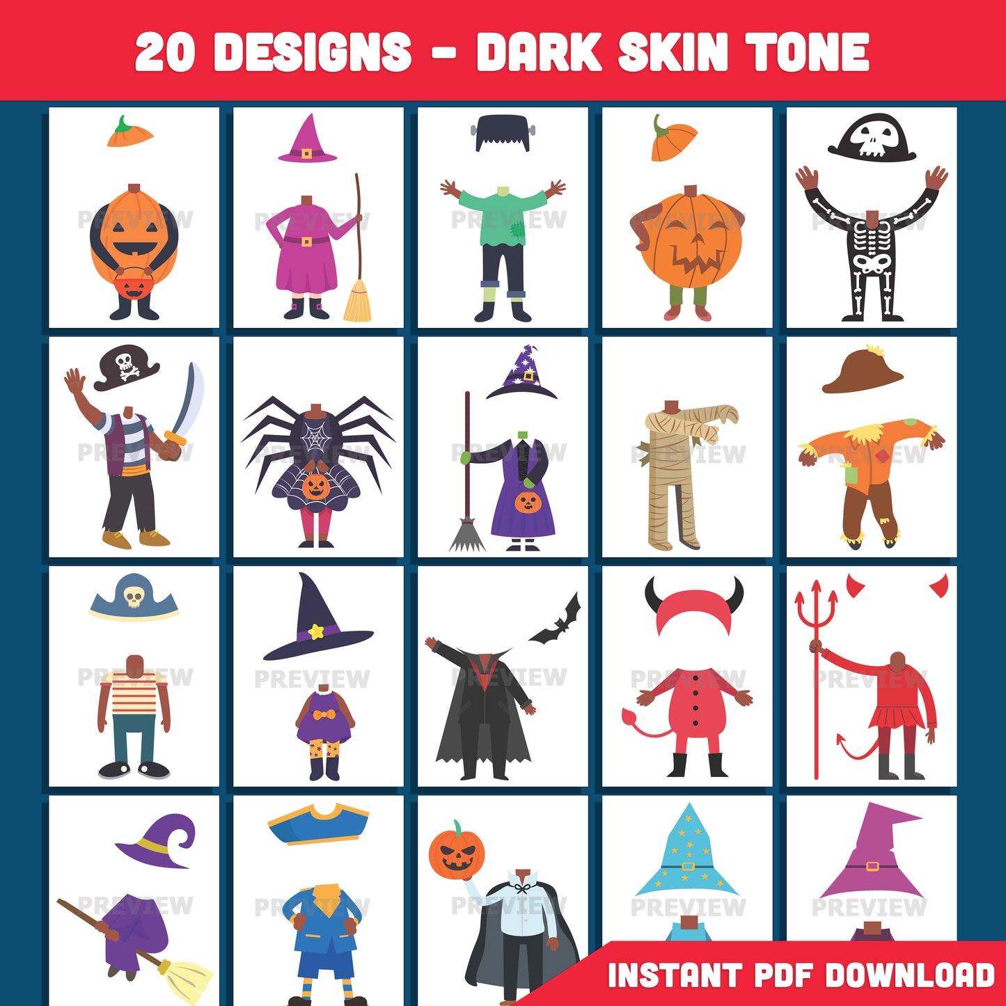 Printable Halloween Body Templates for Kids β 20 Light + 20 Dark Skin Designs, 8.5"x11", Add Your Own Face, Fun Craft, Home & Classroom