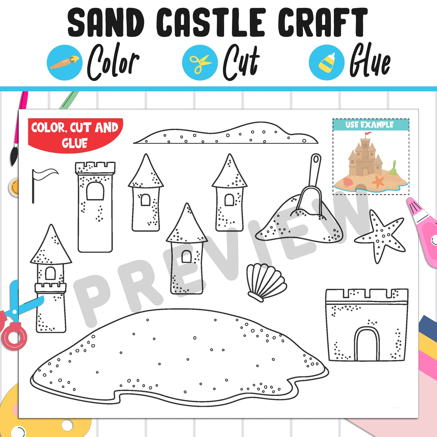 Sandcastle Craft: Build a Sandcastle Summer Activity for Kids - Color, Cut, and Glue, Fun for Pre K to 2nd Grade, PDF Instant Download