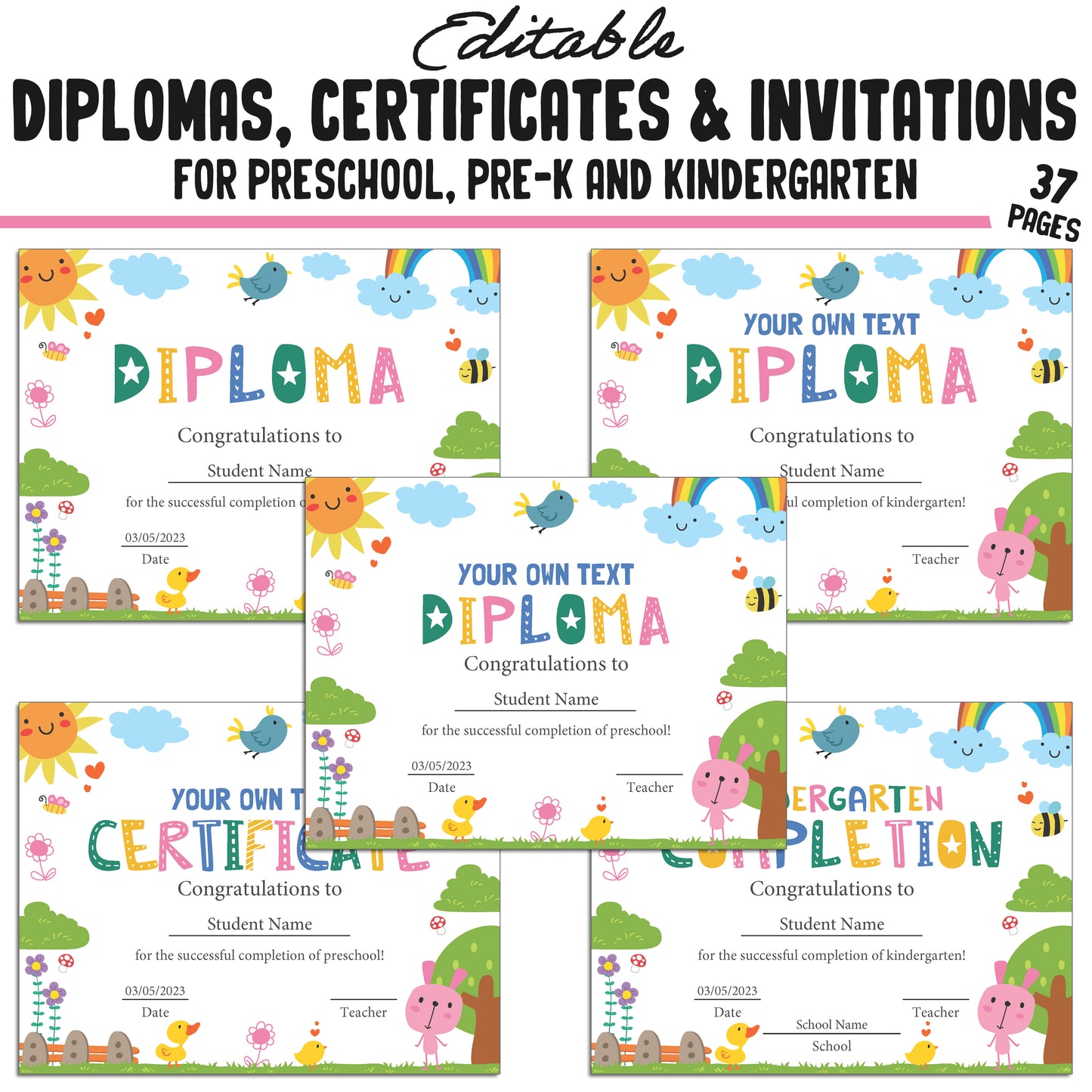37 Editable Pre-K Completion Certificates, Kindergarten, Preschool Diplomas & Invitation Templates, Cute Spring-Themed, PDF Instant Download