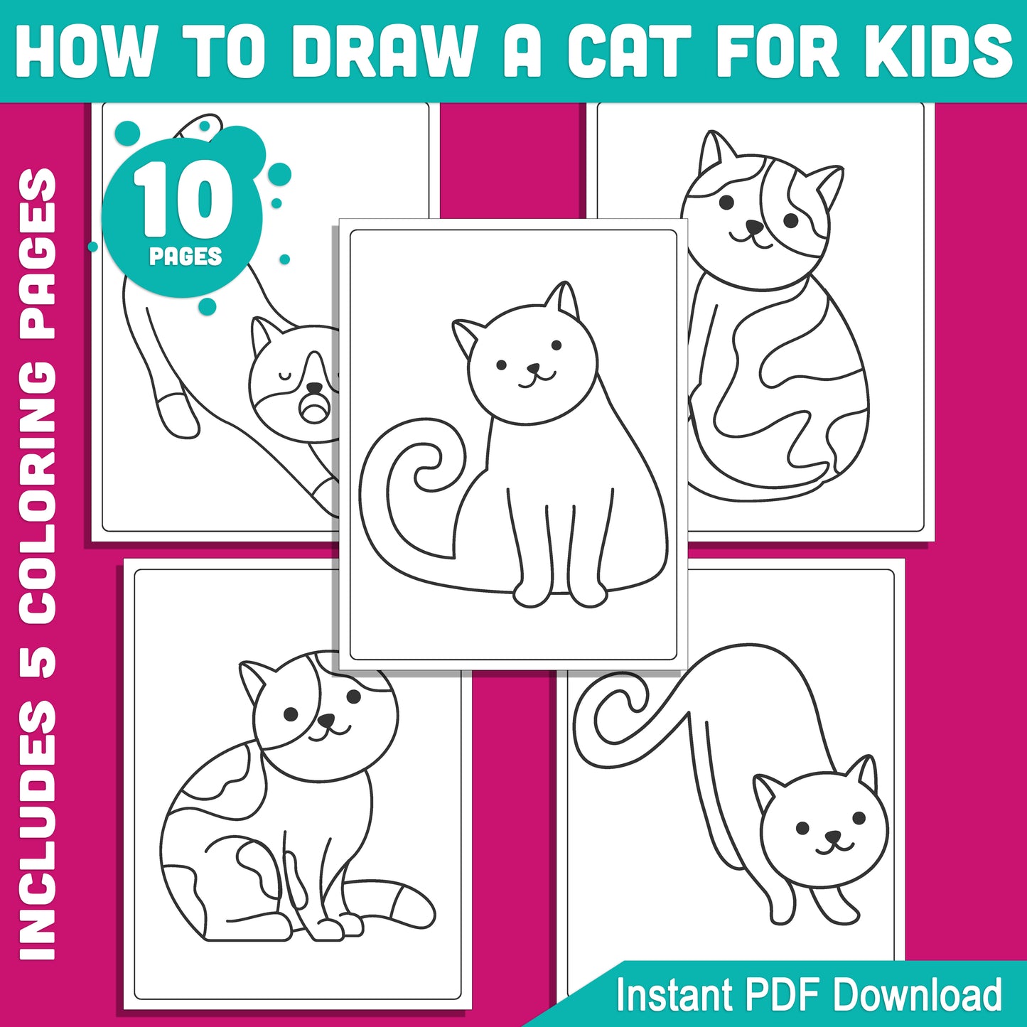 Step-by-Step Cat Drawing Guide for Kids: 5 Fun Pages of Drawing and Coloring Fun, Easy to Follow Tutorial, Perfect for Young Artists, PDF Instant Download, 10 Pages Total