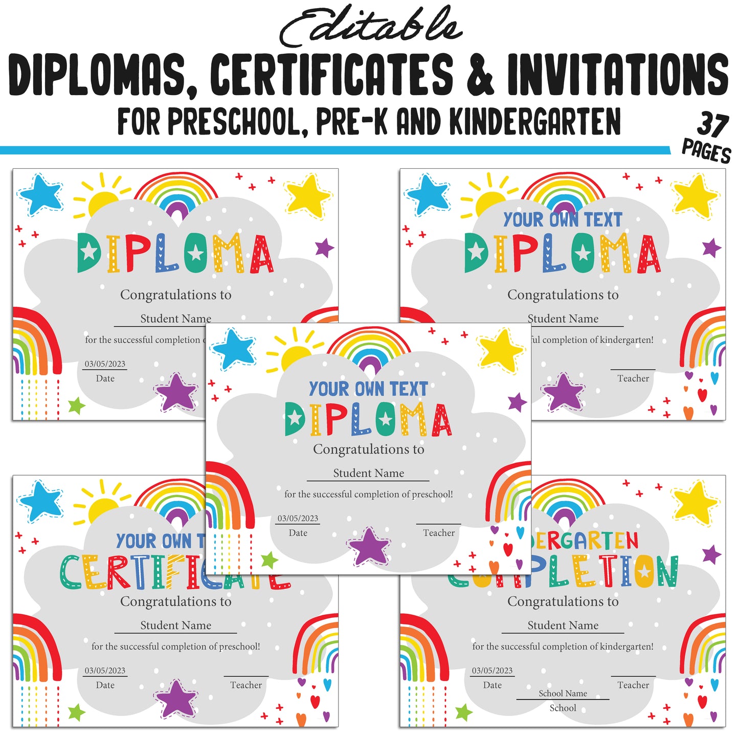 37 Editable Printable Pre-K, Kindergarten, and Preschool Diplomas, Certificates, and Invitation Templates (PDF File) - Instant Download
