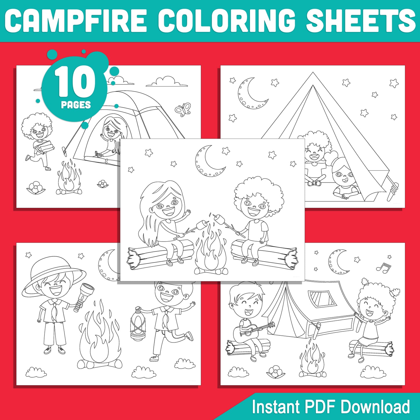 Campfire Coloring Sheets for Kids: 10 Printable Activities with Forest Scenes, Marshmallows, and Cozy Campfire Fun – Instant Download