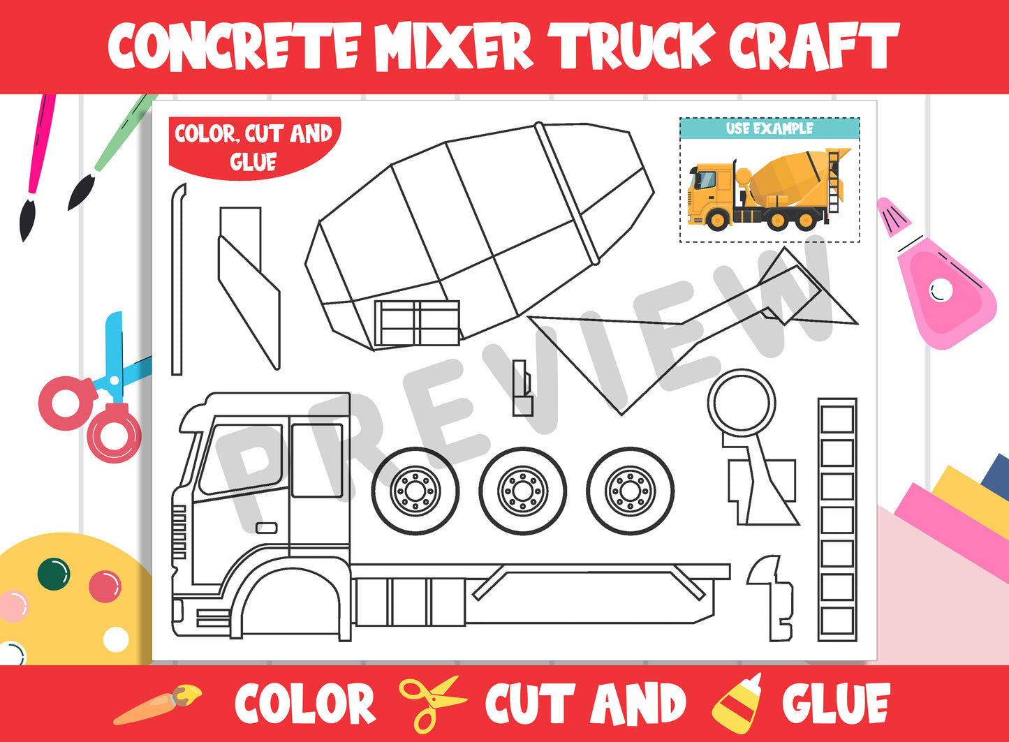 Construction Vehicle Craft Activity - Concrete Mixer Truck : Color, Cut, and Glue for PreK to 2nd Grade, PDF File, Instant Download