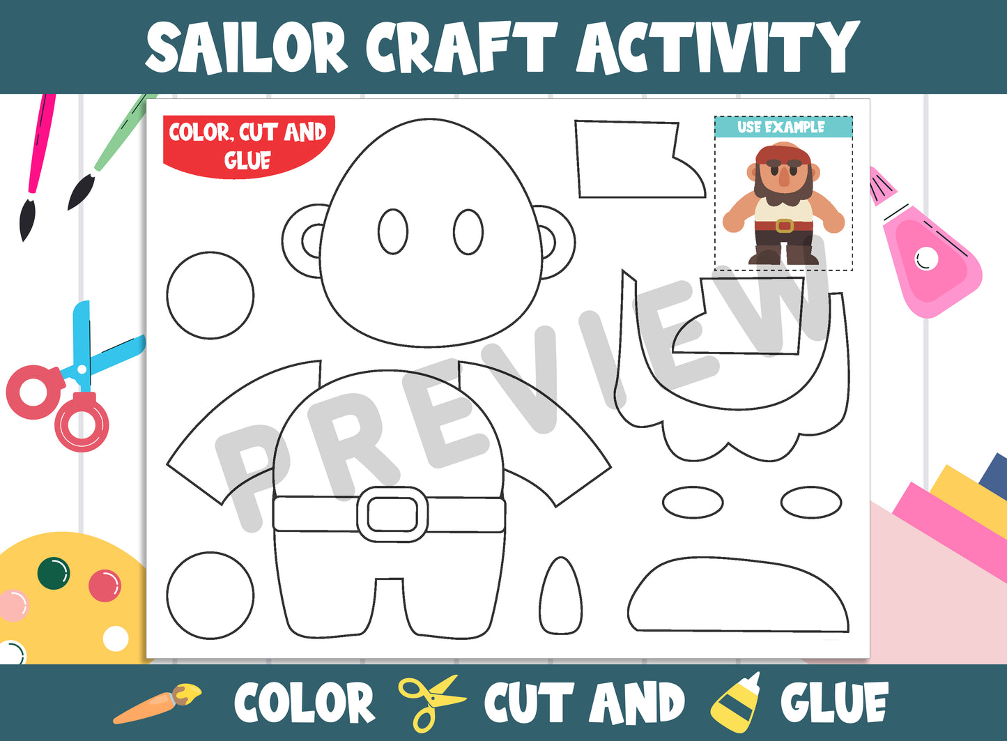 Sailor Craft Activity - Color, Cut, and Glue for PreK to 2nd Grade, PDF File, Instant Download
