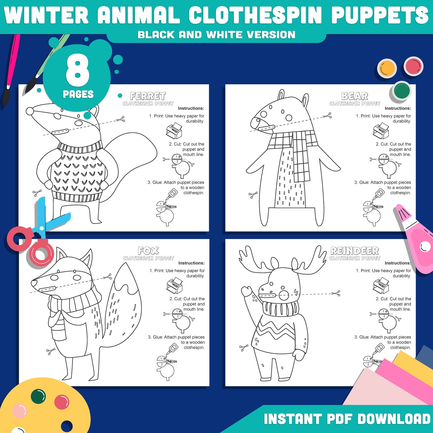 Printable Winter Animal Clothespin Puppets – Winter Classroom Craft for Preschool & Kindergarten, Early Finisher Coloring Activity, 5 Designs, PDF Instant Download