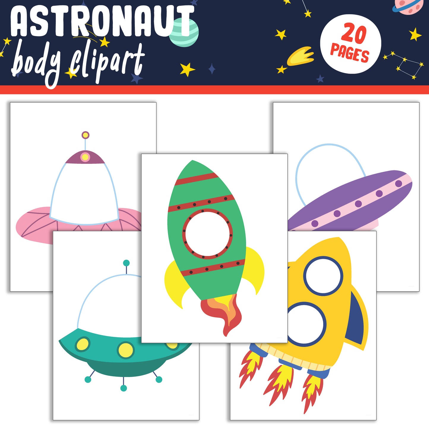 Personalize Your Space Adventure: Astronaut Body Clipart Set with Face Insert, 20 Pages, PDF, Instant Download for Kids (PreK to 6th Grade)