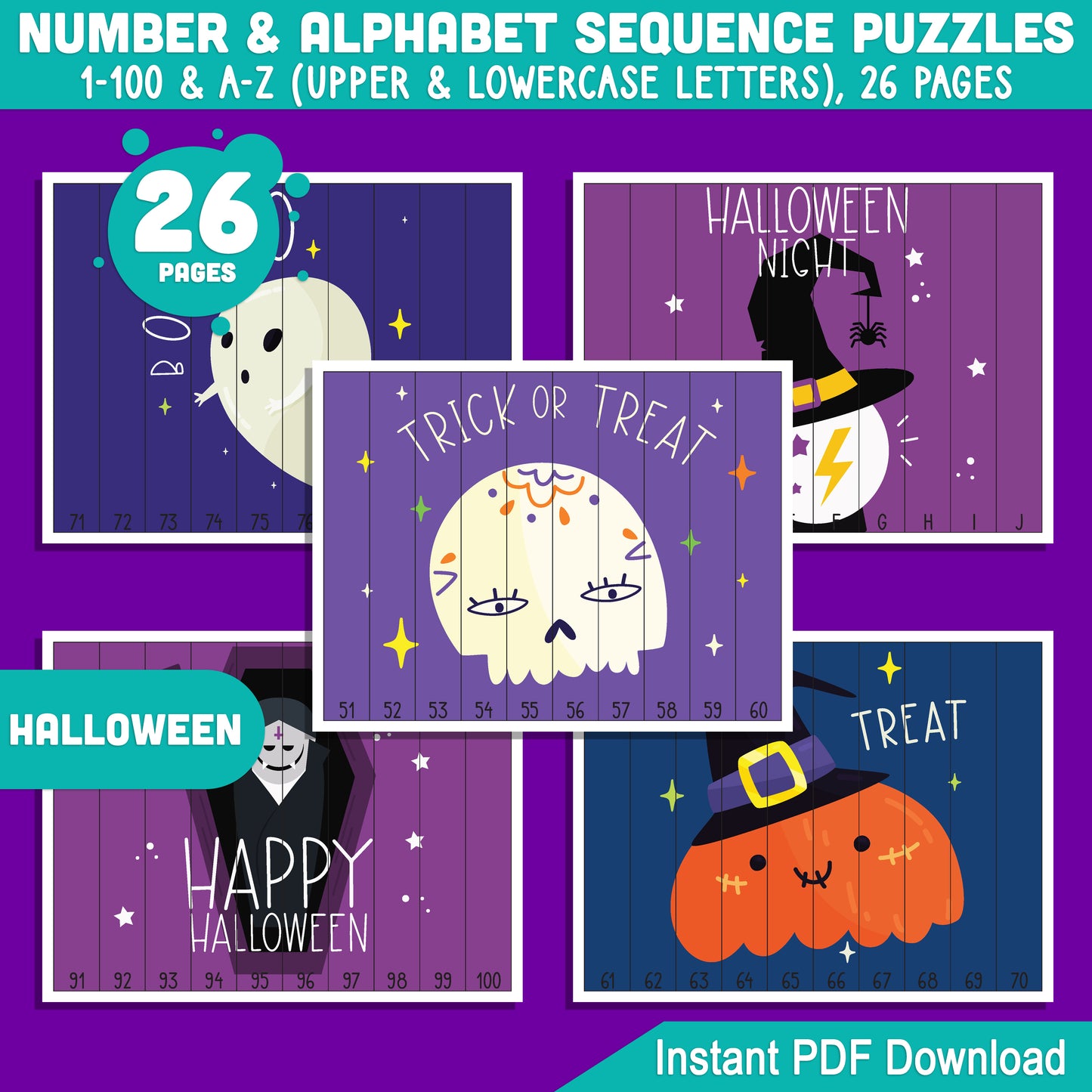 Halloween Number and Alphabet Puzzles: 1-100 and A-Z Sequencing Activities for Toddlers, Preschool, and Kindergarten – Printable PDF for Math Centers