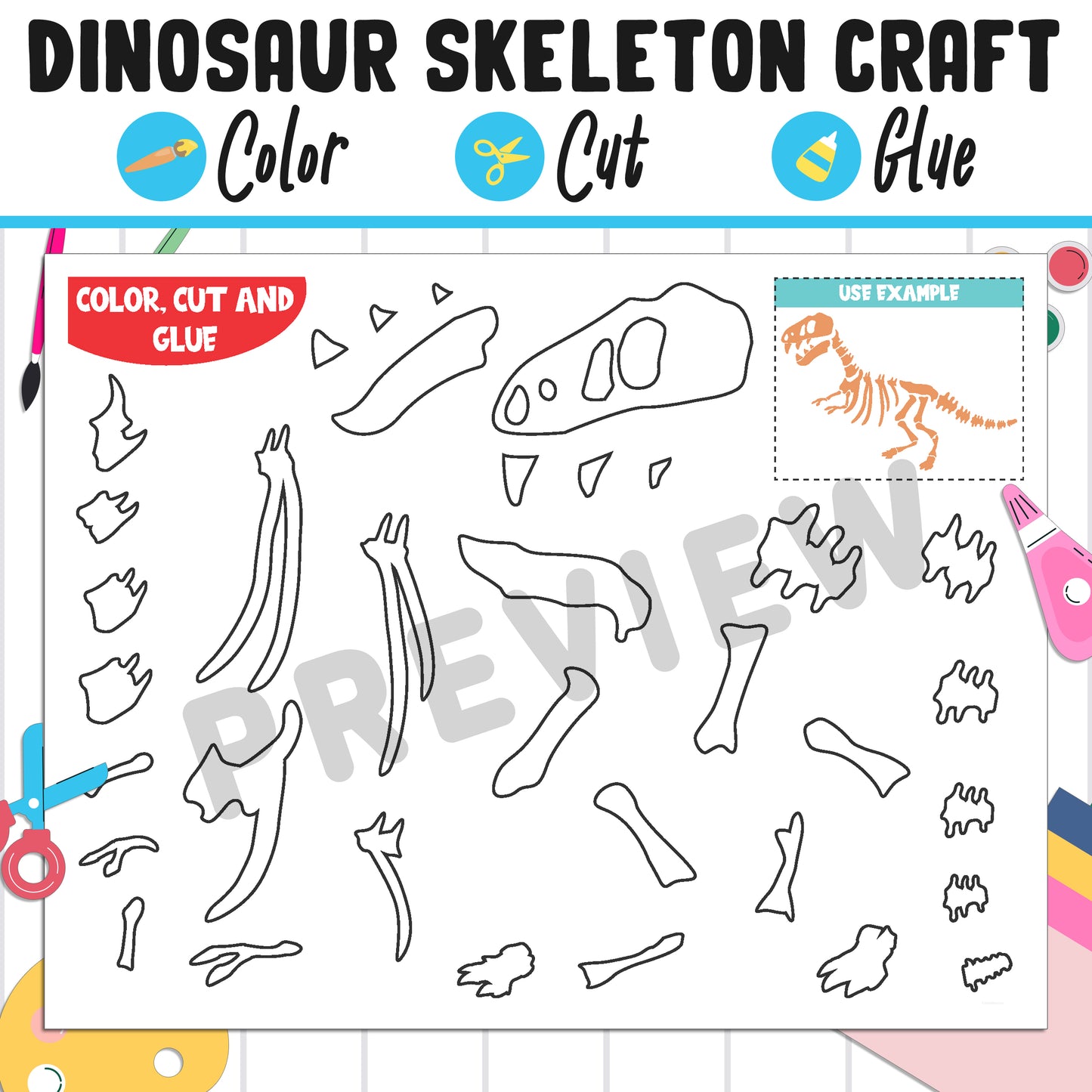 Dinosaur Skeleton Craft : Color, Cut, and Glue, a Fun Activity for 1st to 3rd Grade, PDF Instant Download