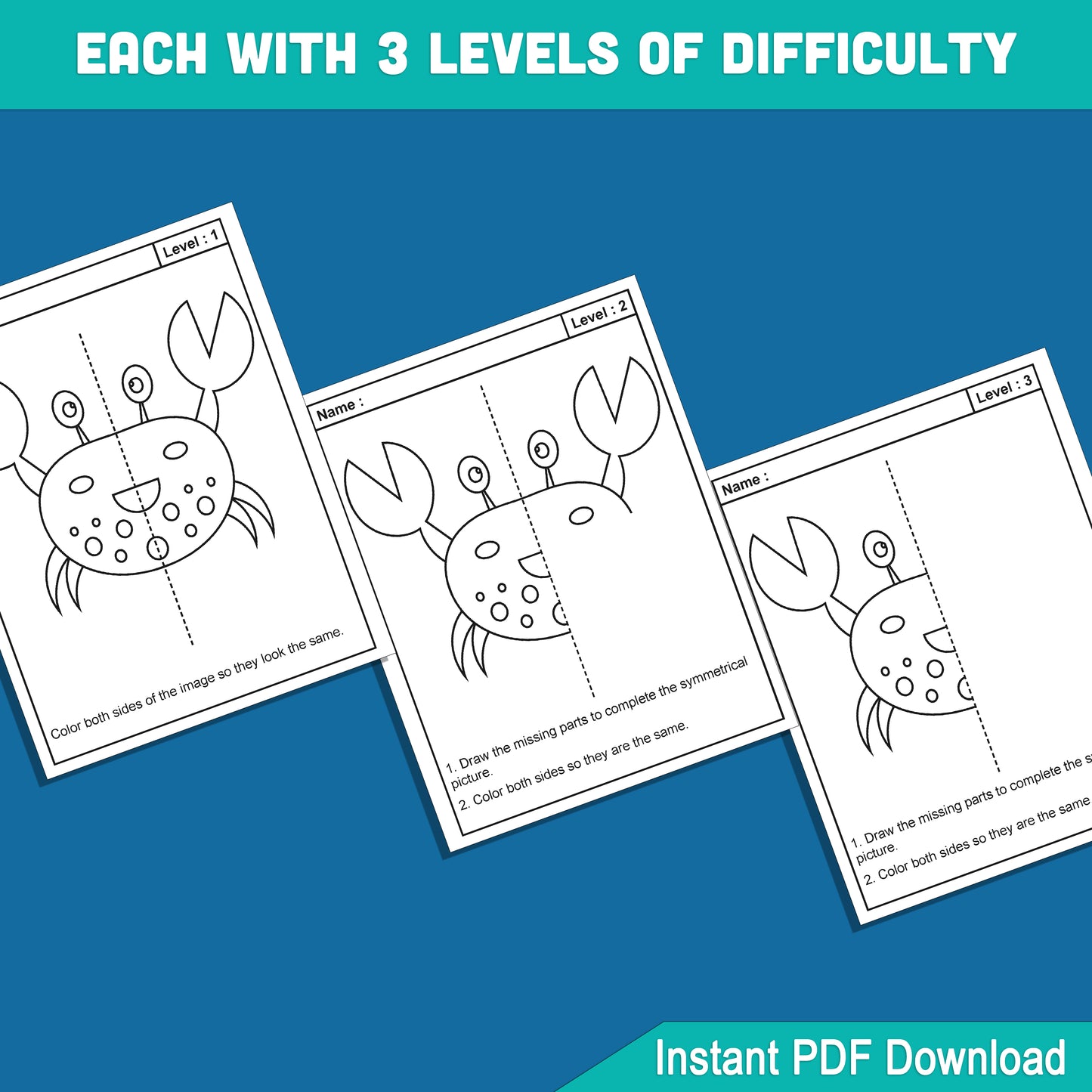 Marine Symmetry Activity Pack: 24 Printable Pages of Sea Animal Worksheets, 8 Designs with 3 Levels, Perfect for Kids’ Symmetry Skills – PDF Download