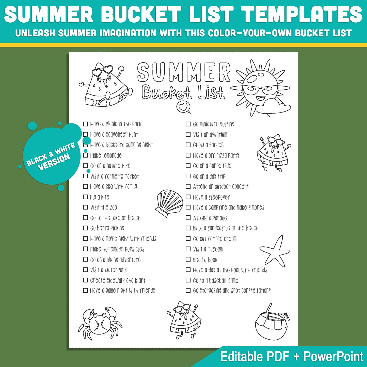 Student Summer Bucket List Template: Fun End-of-Year Classroom Activity, Editable PDF & PowerPoint, Black & White & Color Pages