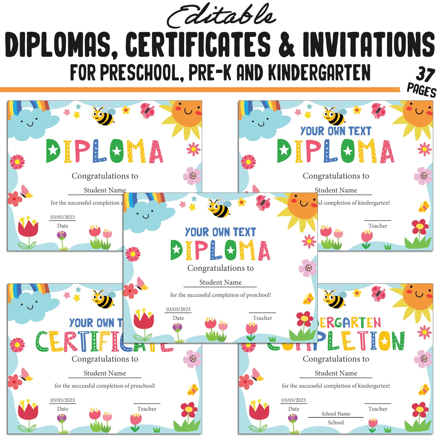 Printable Pre-K, Kindergarten, and Preschool Diplomas, Certificates, and Invitation Templates, Colorful Spring-Themed, PDF Instant Download.